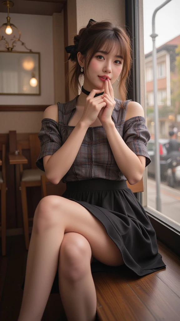 dress, ((knee shot)), fashi-girl, red lips, mature female, makeup, RAW photos,18 year old sexy model, cute young girl, messy hair,smiled shyly, curlies, coiffed blonde hair, Campus style, in class room, sitting on the classroom desk, Fidgeting with her skirt, Thin leg, Pose gracefully, Posing for photos, Random shooting angle, Surprising detail,The content is very detailed, Smooth skin, Warm color palette, Best quality, The content is very detailed, the detail