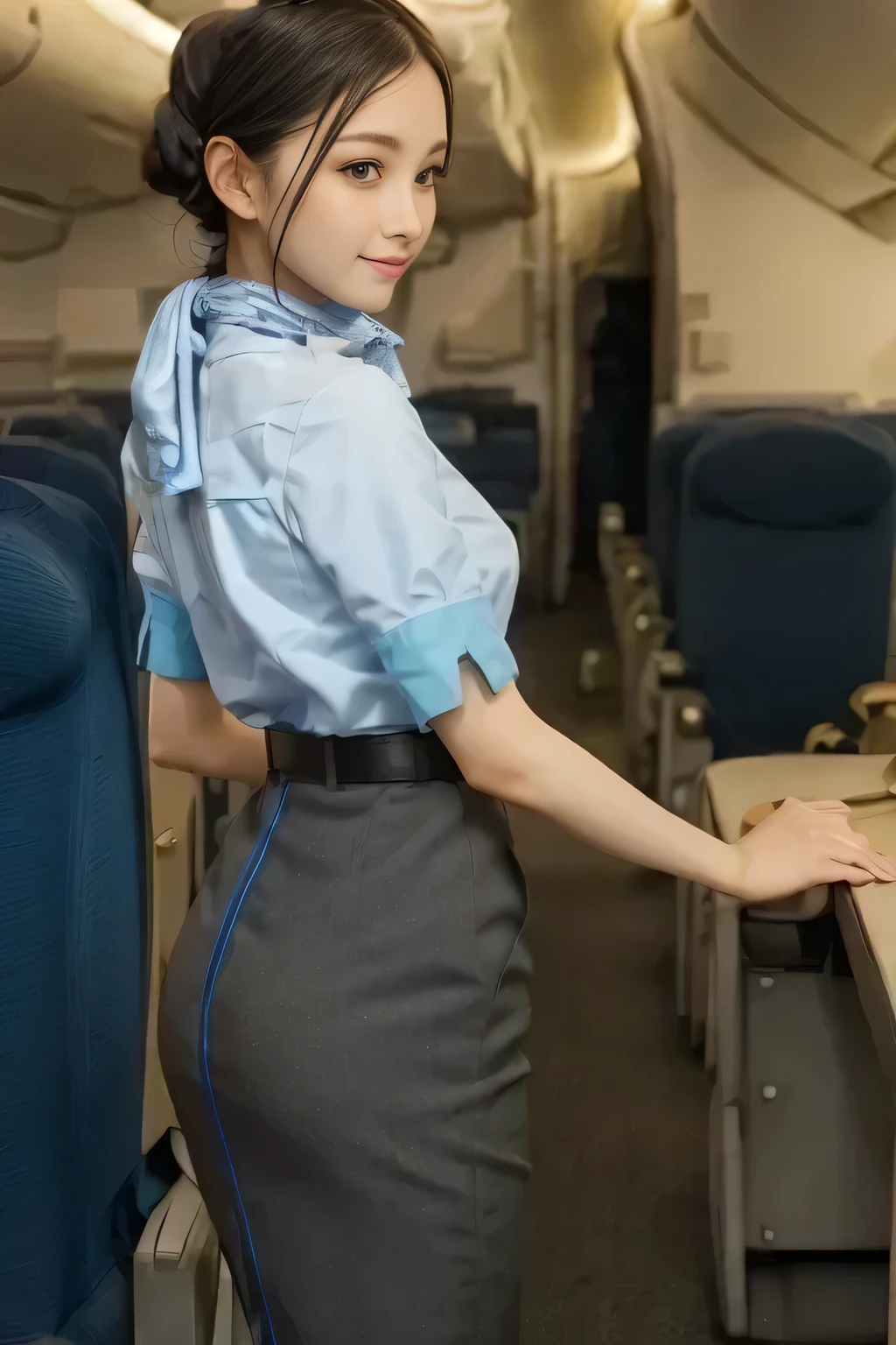 (masterpiece:1.2, top quality:1.2), 32kHDR, high image quality during sick leave 。 perfect for loosely aligning your legs , (alone、 1 girl)、( daytime building rooftop 、 professional lighting )、 Facing roof of building 、( wear a blue ANA flight attendant uniform 、 real style )、(( ANA flight attendant uniform 、 ANA flight attendant uniform skirt has a blue line、 Wrap a scarf around your neck ))、 dark brown hair 、( super long hair wrap hair 、 blade wrap up hair )、 long hit 、Big Breasts、 Read more、(( amazing hand :2.0)),(( figure in harmony with the roof of the building :1.5)),(( In general limbs:2.0)),((In general :2.0)),(( watch:2.0)),((In general eyes :2.0)))、 smile 、( blue figure showing the beautiful back of an ANA flight attendant uniform )、blue eyes、 Keep your hands on the seat