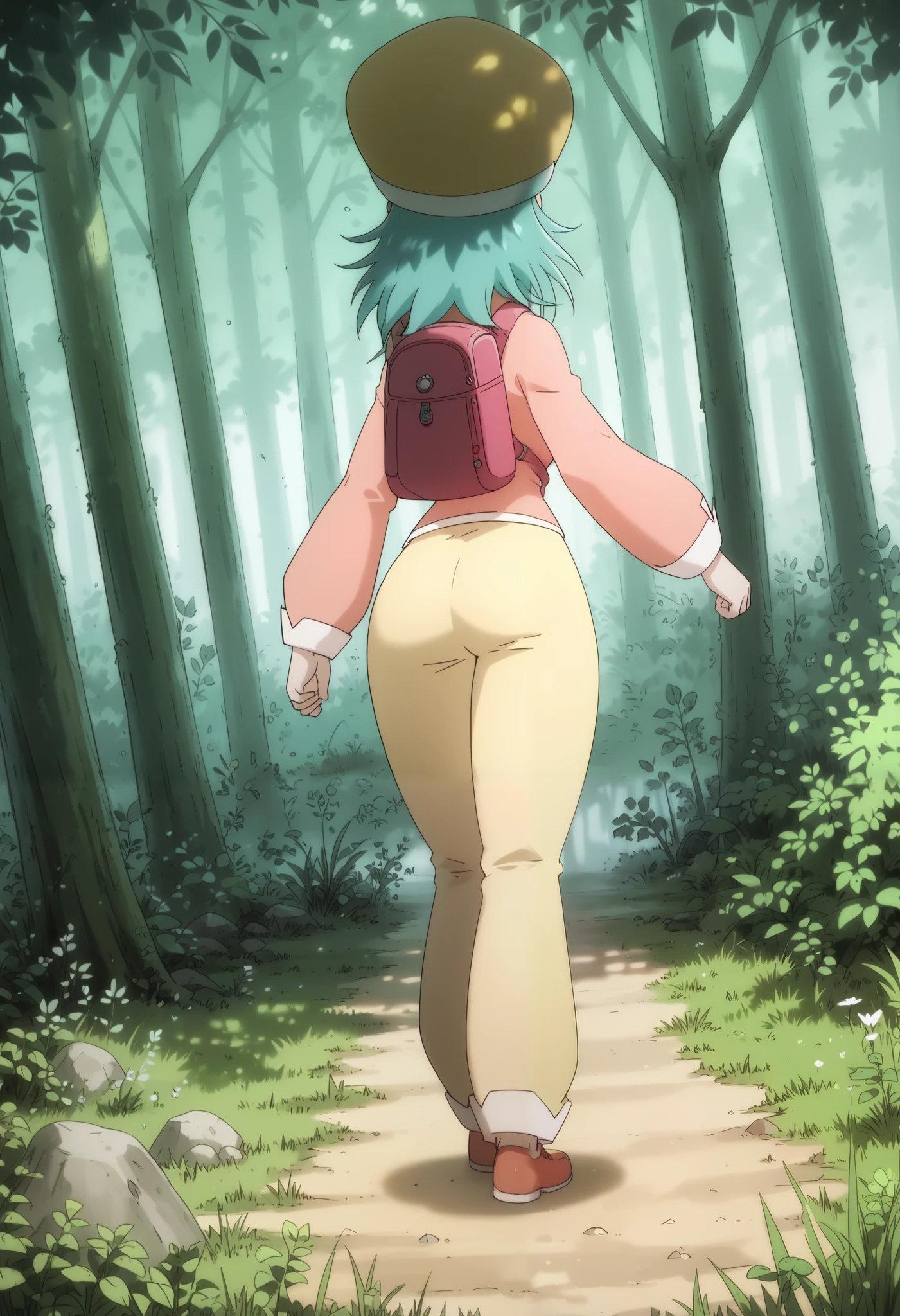 ponzu, hat, light blue hair, light blue eyes, solo, score_9, (ultra nude breasts:1.2, ultra huge tits:1.2, ultra huge cleavages:1.2, ultra huge boobs:1.2), long sleeve pink shirt, red long pants, backpack, shoes, in deep forest, trees, grasses, rocks, solid floor, solid ground, dark atmosphere, (just standing), ((directly back view:1.3, directly behind angle:1.3, hips to viewer, ass to viewer)),