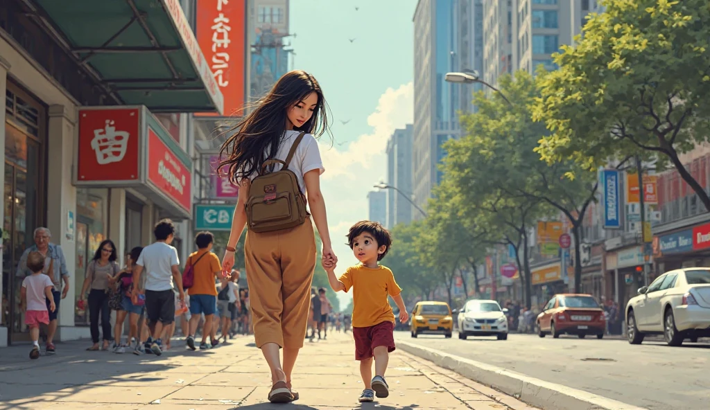 monte a imagem de uma familia, pai, Realistic mother and two children connecting with other families in the city environment