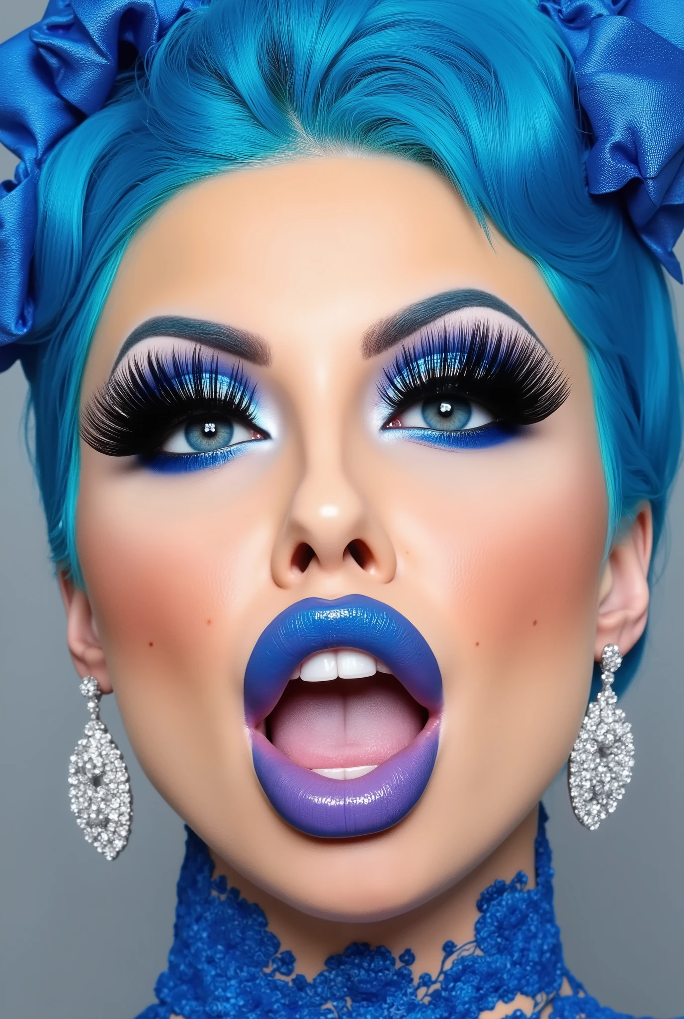 incredibly long and voluminous false eyelashes, bright blue makeup, blue hair , diamond earrings , collar, blue lips, her lips are pursed., bow shaped hair ,