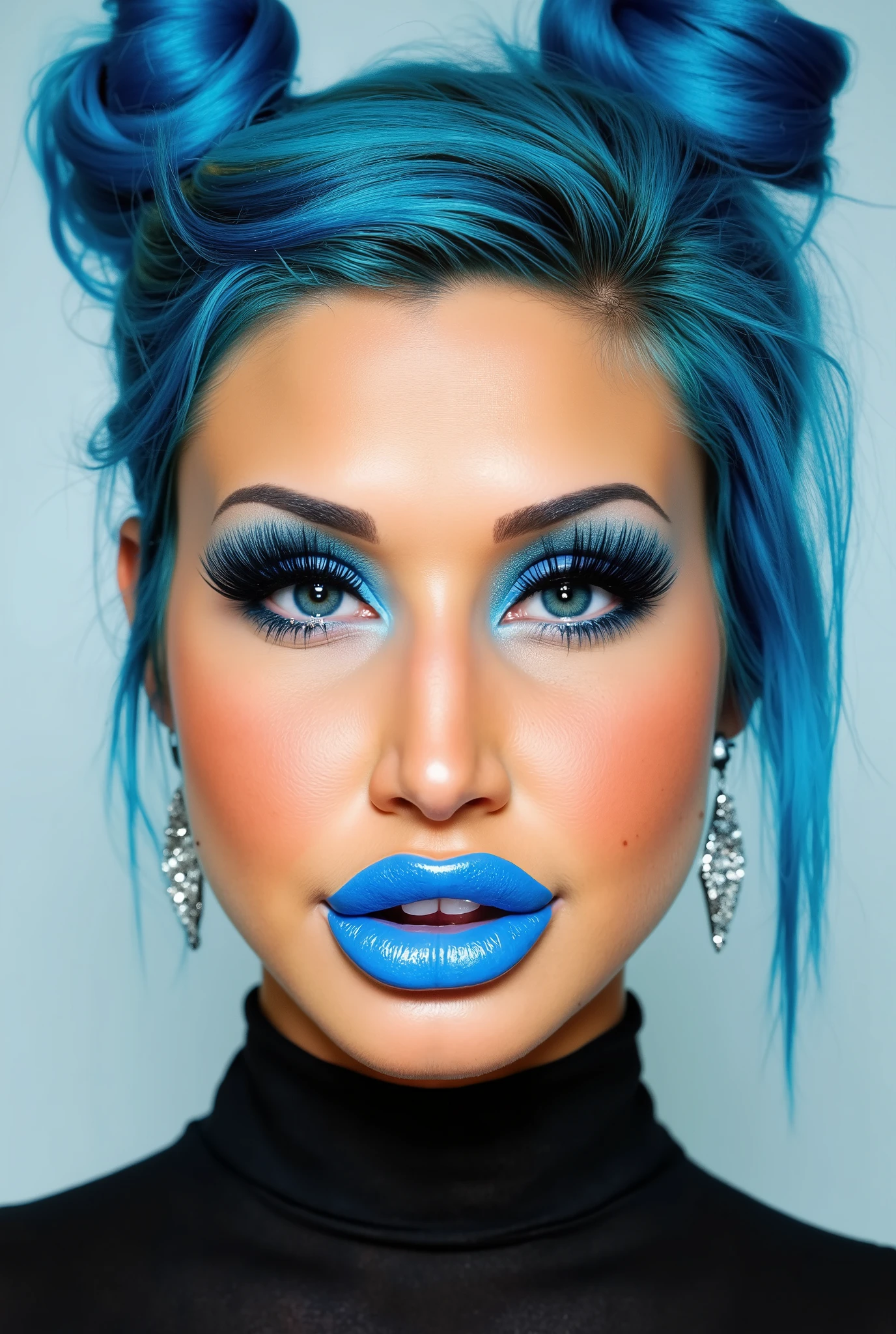 incredibly long and voluminous false eyelashes, bright blue makeup, blue hair , diamond earrings , collar, blue lips, her lips are pursed., bow shaped hair ,