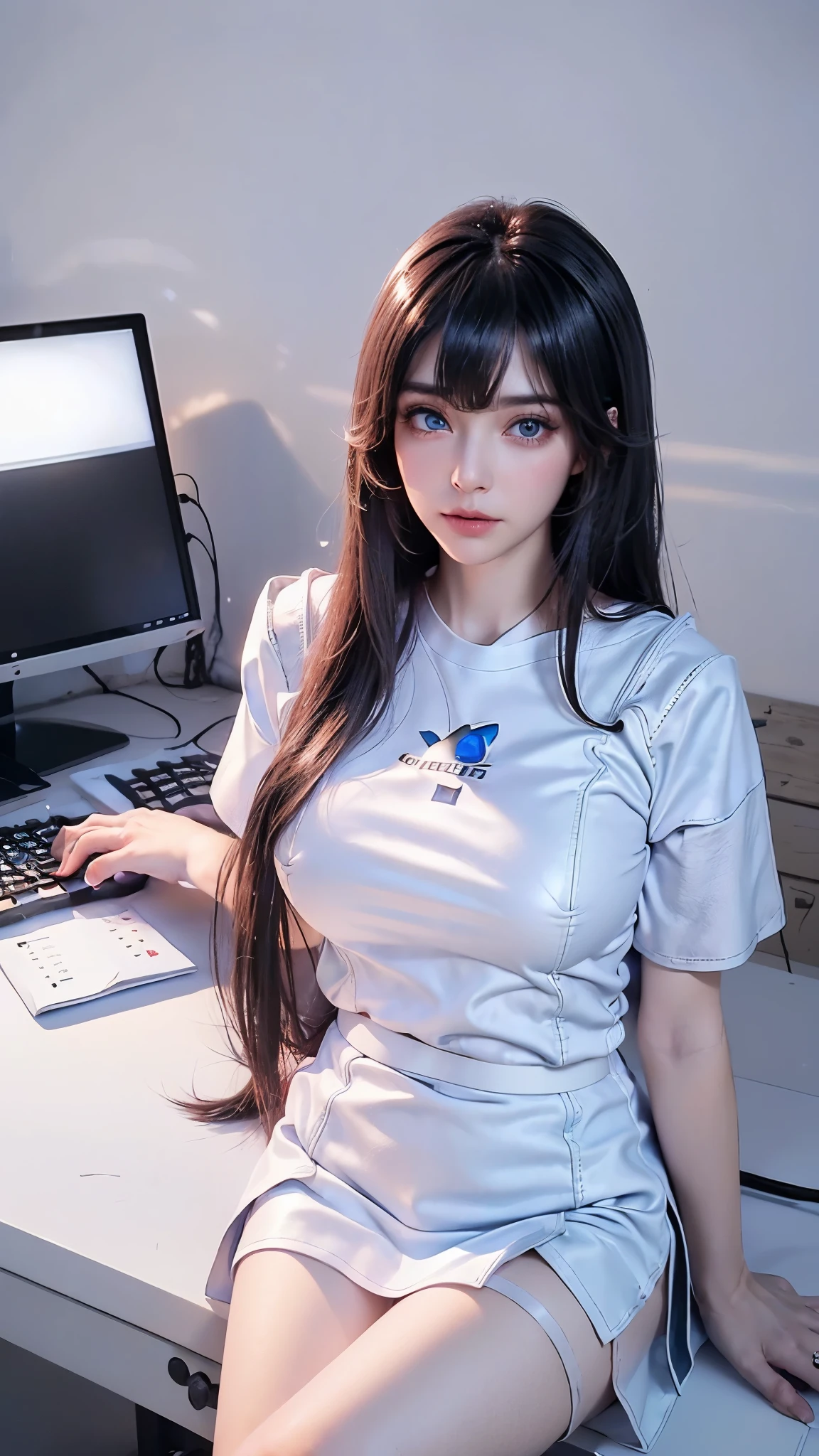 Landscape of a very beautiful 1girl, (face exposed)!, (long shot)!, (front focus), (both your hand on computer keyboard above the table :1.5)!, lens flare, photography with Fujifilm XT3, depth of field, film grain, female focus, BREAK, book model/(seed'641670581'/), (sit down at computer table seat:1.5)!, (bedroom)! (((Lamp light)))!!!, (looks at the computer monitor:1.5)!, (with beautiful blue iris like sapphire)!, Ultra detailed eyes, (Beautiful light blue pupil's eye's like sapphire:1.4)!, Stars in her fixed eyes, (homochromatic eyes)!!!, (((poker face)))!!!, ((cold stare:1.4))!!, long sleevemouth, (thin fresh peach lips)!, (Blush)!, Perfect nose, Cute little nose, beatiful face, Face Clean, realistic Skin, hyper realistic, Perfect eyebrow appear through Light black hair, Light black hair bangs, hair between eyes, (((ultra shine Light black long smooth straight wavy hair_hime cut hairstyle)))!!!, ((((himecut hairstyle)))!!!, ((dynamic composition)), BREAK, detached sleeves, (((cover shoulders with white shirt)))!!!, /(((wear white short sleeves T shirt:1.6)))!!!, plump breasts, (((plump breast covered with white shirt)))!!!, (black leather miniskirt:1.6), slim legs, vivid color clothes, detailed realistic clothes, BREAK, Best Quality, Masterpiece, Ultra-detailed, Beautiful, hight resolution, Original, CG 8K, perfect photo, dramatic lighting, Beautiful lighting, (((Realistic photo)))!!!, Realistic, Full HD, Best Quality, award winning, (8k wallpaper of extremely detailed CG unit), High Details, sharp-focus, The art of dramatic and photorealistic painting, ((sit down at computer table's seat)), dynamic composition, breathtaking rendering, strong color, deep shadow, gaming Pc, controller