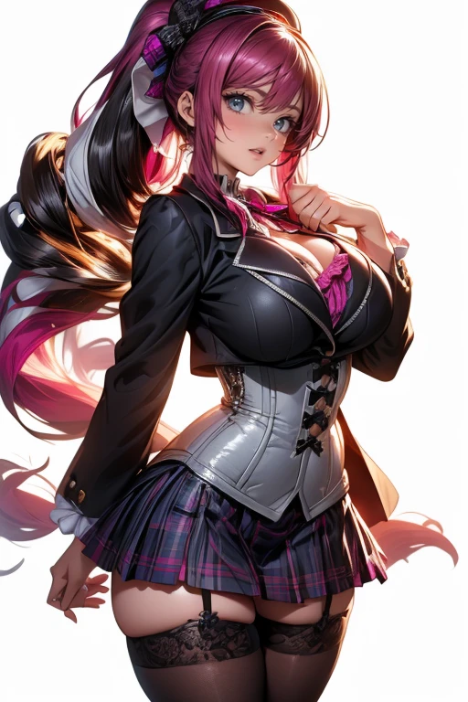 Magenta hair, brown eyes, older woman, long thick hair, hair ornaments, happy, cat ears, sexy uniform outfit, pink and green backgrounds, pose, abstract background, fantasy outfits