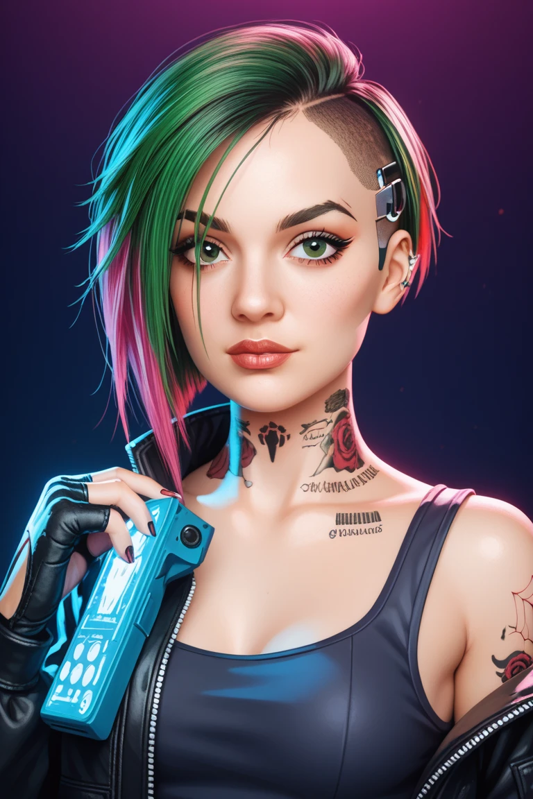 (masterpiece:1.2),(best quality:1.2),(high resolution:1.2)
<lora:CyberJudy:0.8>
CyberJudy, 1girl, solo, asymmetrical hair, green hair, pink hair, brown eyes, tattoo, upper body