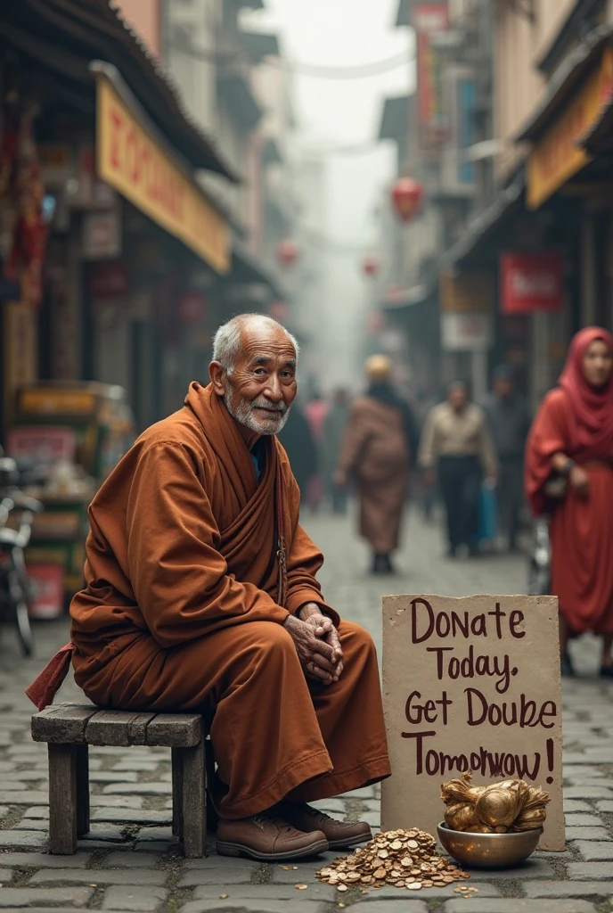 Create a surreal and humorous color illustration for the historical Japanese pun “ゴミ屋（538）の坊さん、仏教伝える.”
The image should feature a messy garbage shop (ゴミ屋) where a monk is standing or emerging, dramatically and comically preaching or delivering Buddhism.
The monk can look exaggerated or absurd, and the scene should have surreal elements like floating scriptures, oversized prayer beads, or random junk turned into Buddhist icons.
The overall style should appeal to Japanese middle and high school students—bold, a little weird, and visually engaging.
Please make it in color and avoid realistic or traditional textbook styles.