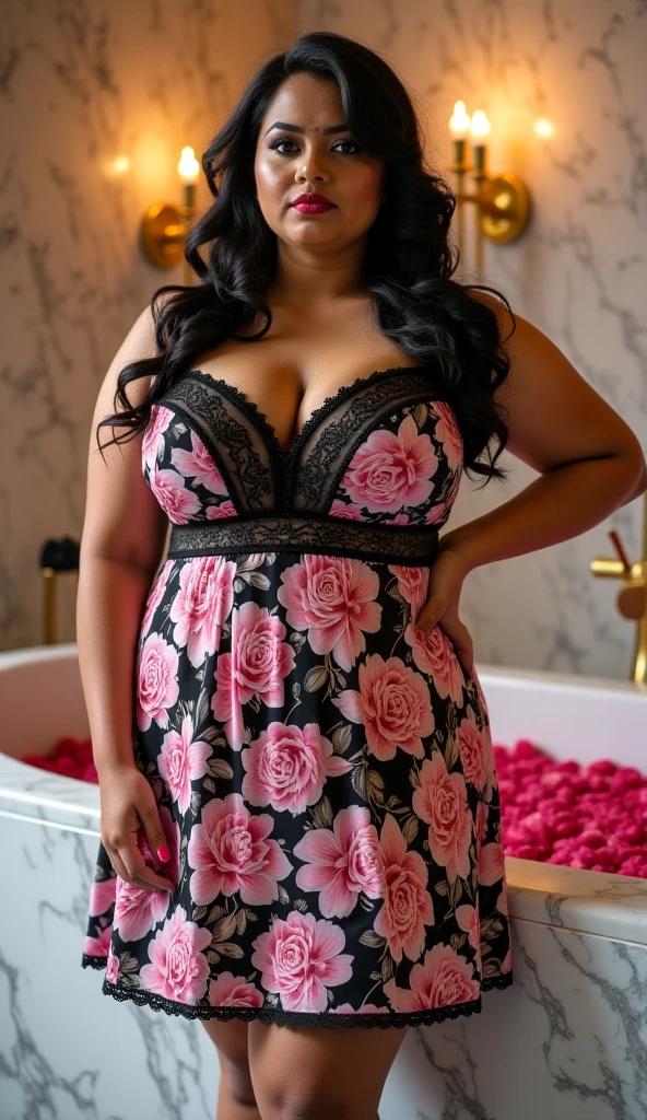 Outdoor image of 12yo  in school school photo in school masterpiece, (photorealistic:1.7), best quality, beautiful lighting, Eleanor Venezuelan Woman 20yo Old Big Breasts Plus Size Model extremely high Bun long extreme curly hair Lifts, wearing random Sexy Floral Print Satin Slip Nightdress. 
