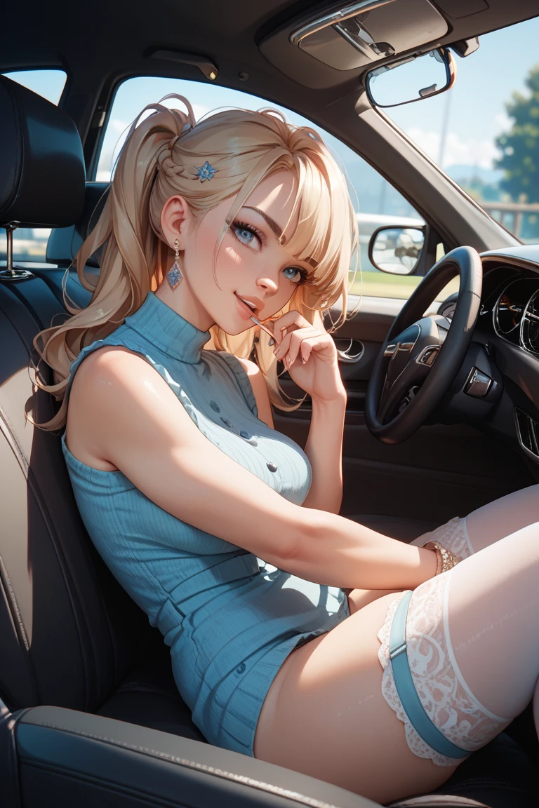 masterpiece, Highest quality, DQ Bianca, 1 person, Single Blade, Earrings, choker, Orange Cape, Green Dress, belt, Small breasts, 1 personで, Driving a car, Upper Body, hot, Sweating a lot, Wipe away sweat, looking at the camera, smile