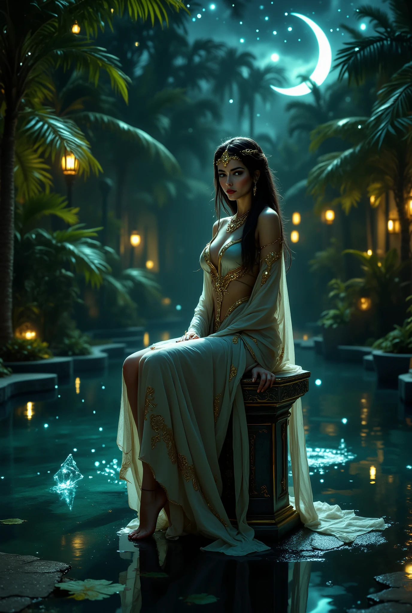 girl, sexy, Charming, Darling, goddesses, Very sophisticated beauty, beautiful, tender skin, exposed body parts , is not naked, beautiful figure , Beautiful Makeup , gorgeous body, A Hidden Mystery, decorations, Black and Gold colors, tunic with gold frames, light and beautiful, Sitting on a Small Column of Egyptian Drawings, offers View of the Marvelous Palm Garden and the pool with amazing flowers, Night, stars twinkle, The reflection of the Young Moon in the water, Clouds Give the Effect of Magic, Egyptian style, clearly, ( Masterpiece , best quality), high quality, best image, 8 k, maximum details, lots of details, beautiful, fantasy style,