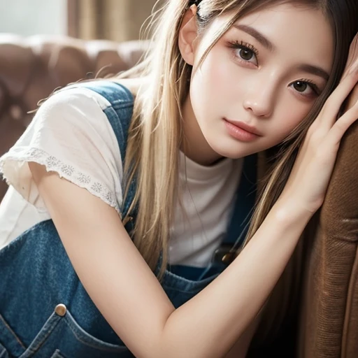 One Japanese woman、Medium hair, Side Tail、Light blonde、favorite , Beautiful, shining eyes, Stars in my eyes,Crystal clear eyes、Natural color lip、カフェテラス、18-year-old、8K、Highest quality、flat chest、Like reality、Realistic、Afterschool、淡いピンクのカーディガン、
