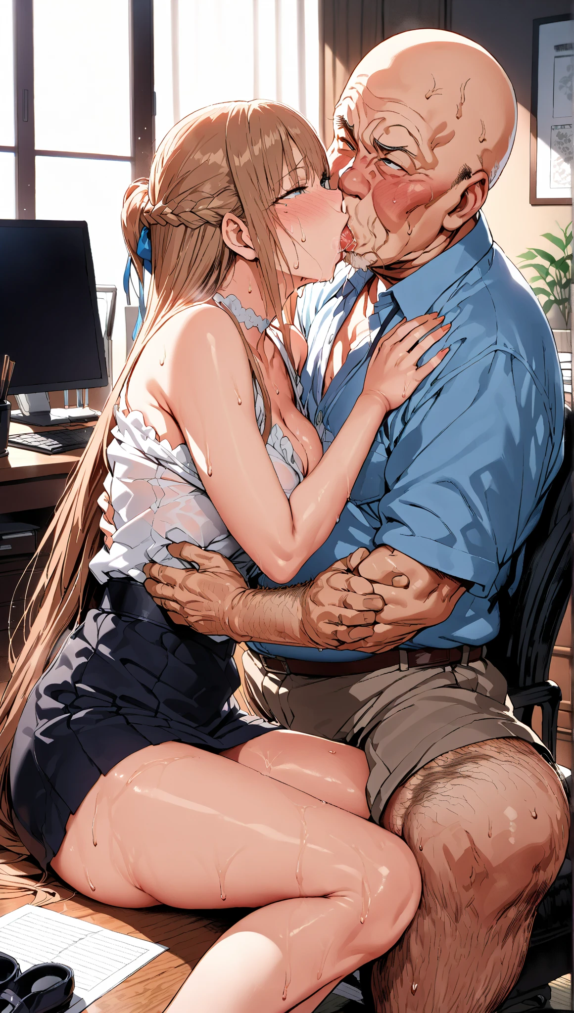 score_9, score_8_superior, score_7_superior, translator,One girl,Messy hair bun,View your viewers,Curvy、 sauce_anime,Front view,shirt,Bedroom、Handjob