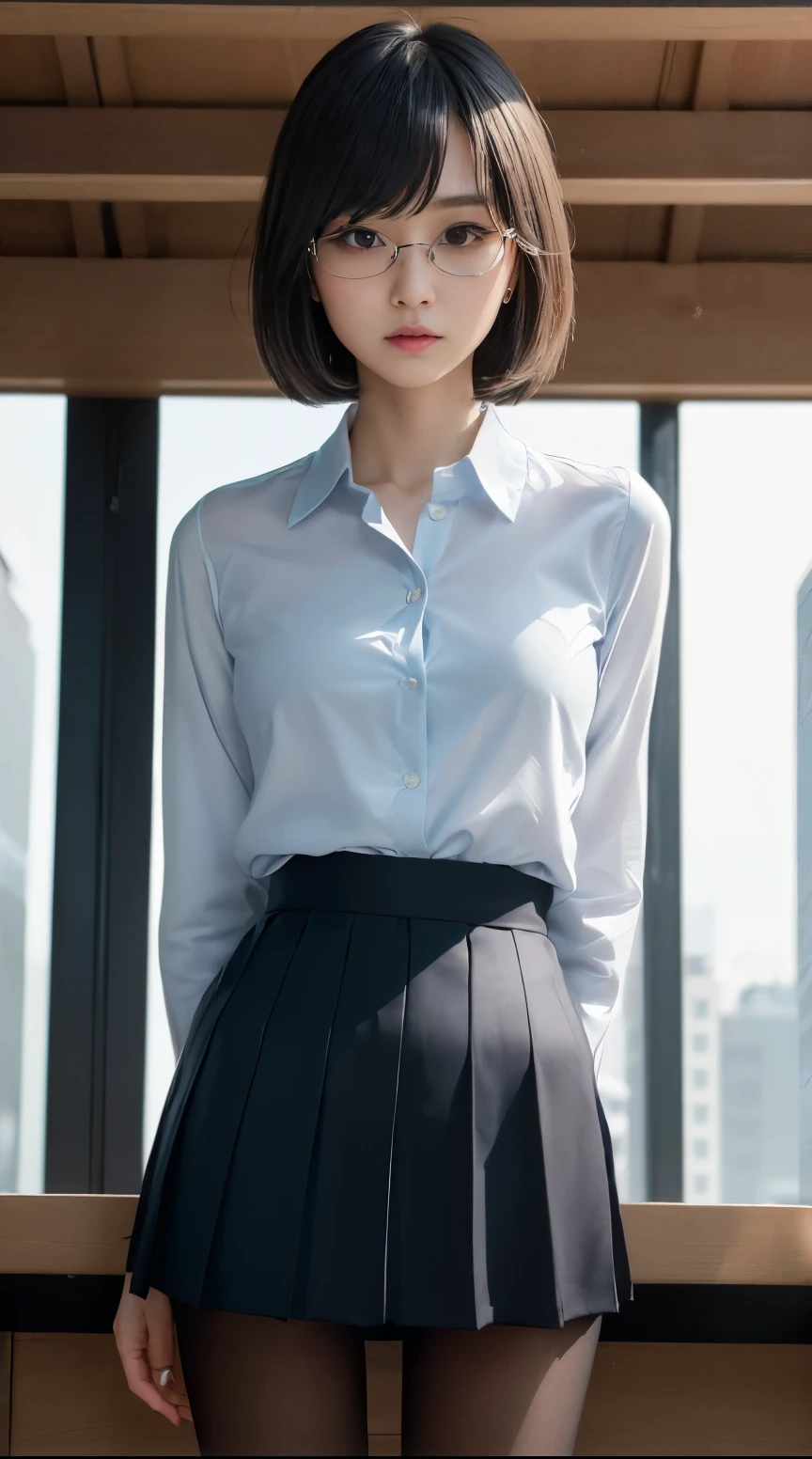 disorganized, RAW photo, very delicate and beautiful, masterpiece, highest quality, ultra high resolution, 16k, surreal, super detailed, perfect anatomy, super dense skin, perfect figure, Highly detailed CG 8k wallpaper, 20's, very slim body, (tight waist:1.1), very small head, very small face, delicate features, tearful mole, earrings, thin legs, (very huge round breasts:1.1), (full body shot:1.2), short hair, wavy hair, (suit:1.1), (shirt:1.2), Jacket,
