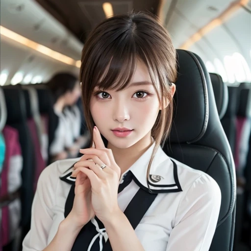 (professional portrait、professional writing)、(anatomically correct fingers:1.3), (beautiful fingers:1.3), highest quality, Detailed workmanship、high resolution、(8K, High resolution:1.2)、(RAW photo, photorealistic:1.3)、masterpiece、slender body shape、high definition face、Face is in focus、high definition eyes、(Focused, symmetrical pupils:1.2)、High-definition and beautiful skin、firm skin、natural makeup、gross lip, High-definition hair texture, (I hide my chest with my hands:1.2), japanese woman, 18-year-old、cabin attendant, Stewardess break(japan air line uniform), Inside the airplane、sitting, Horse racing gaze、(She is glaring at the camera with her eyes looking up.:1.2), sfw