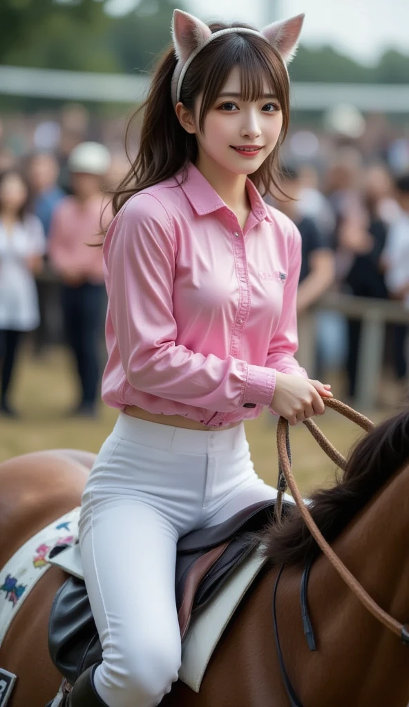 masterpiece, 最high quality, 18 year old girl,Pink Hair ,short hair,alone, ,Facing forward,smile,Smile,high quality,mini skirt,horse riding