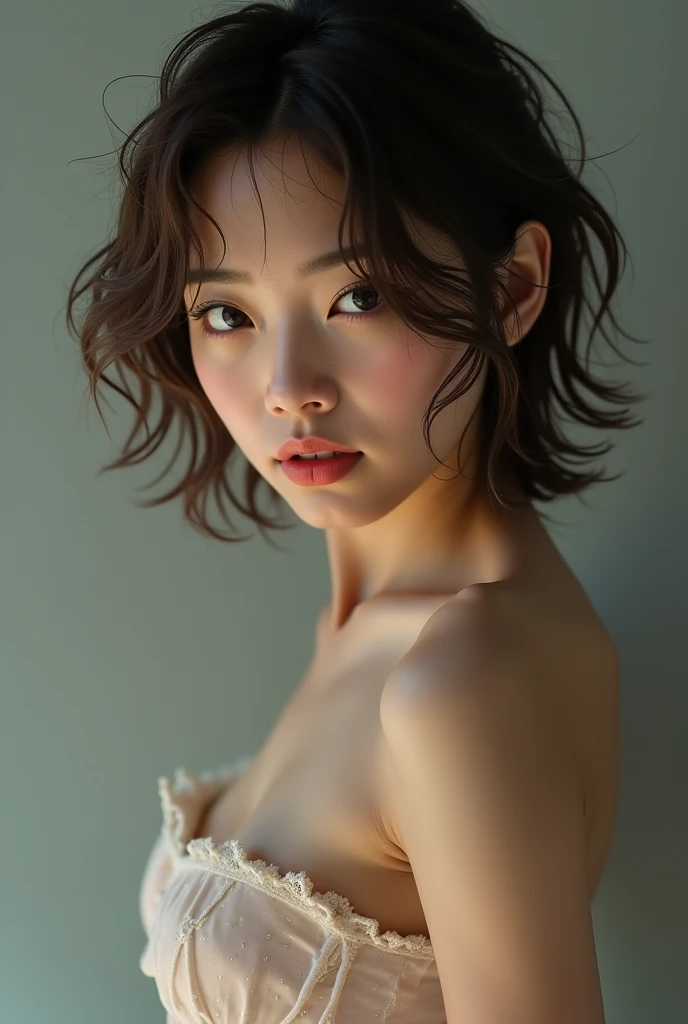 1 slender naked woman, standing, curly brown hair, brown eyes,  breasts, detailed facial features, hyper realistic, 8k, high quality, photorealistic, masterpiece, cinematic lighting, dramatic shadows, warm color tones, intricate details, elegant pose