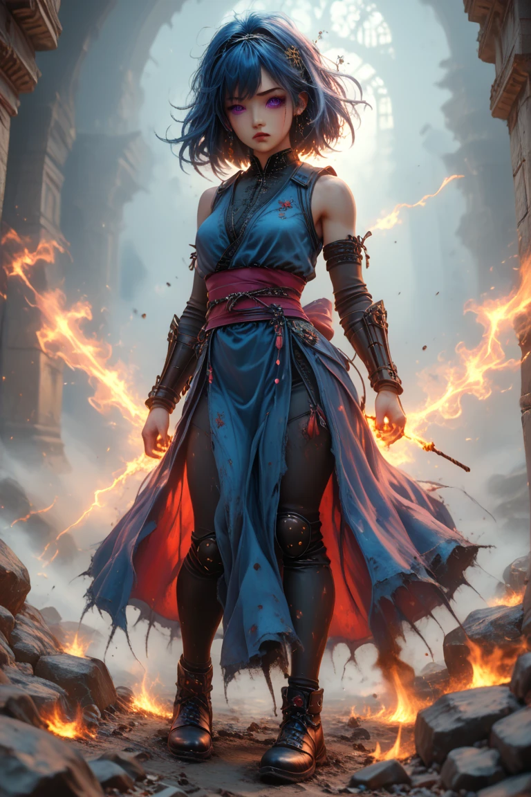 <lora:Concept - Pyromancer:0.75> pyromancer, ring of fire, full figured, rainbow hair, indian person, brown skin, short hair, bangs, short frill dress, knee-high lace-up stilettos, on a park bench, fighting stance, combat pose, magic, casting spell, looking at viewer, high contrast, sharp focus, masterpiece, best quality, highly detailed, HDR, highest quality, highres, sharp focus, 8k, 16k, skin pores, dynamic lights, realistic shadows, best shading, award winning masterpiece