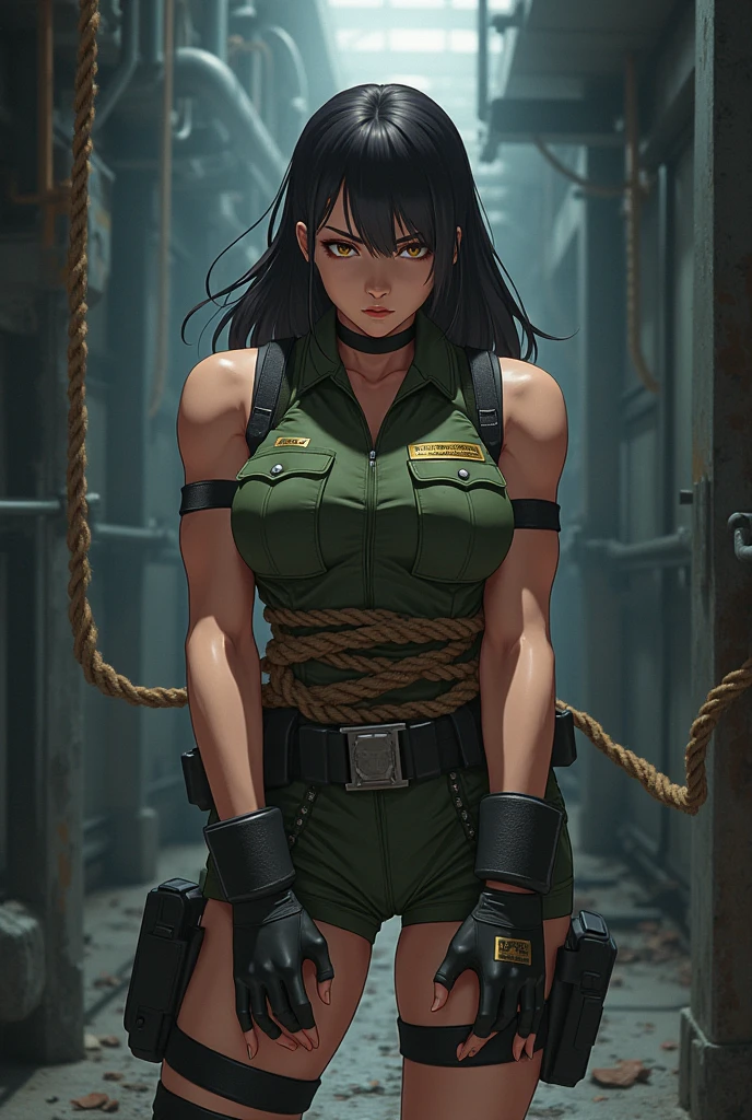 (masterpiece:1.2, best quality:1.2, beautiful, high quality, highres:1.1), 1girl, detailed, short hair, short fluffy hair, short green hair, extremely detailed 4K, perfect eyes, perfect face, only 1 girl, visible bandaid, 1 eye, bandaid covering eye, other eye covered, eye covered with bandaid, full body, curvy body, circle arms, serious gaze, ready for battle, combat face, nice view, sexy, glasses, circle shaped glasses, yellow shiny eyes, yellow colored eyes, Bandaid on face, posing, hands, arms, scars on arms, scars on face, scars on cheek, bangs, really short hair, scars on body, Maki Zenin eyes, perfect eyes, scars on face, dangerous, eye patch, white bandage on eye, yellow colored eyes, exotica, scar on face, scar on cheeks, visible scars on cheeks, bandage on eye, scar on eye, Maki Zenin, scar on body, very short hair, circle glasses, dark scars on face, Maki Zenin LoRA, black shirt, scar on eye, scars, sleeveless, crop top, beautiful face, perfect lighting, (1girl, solo, adult female, mature female), thin, lithe body, Maki Zenin, green hair, glasses, (big breasts), ((sensual seductive))