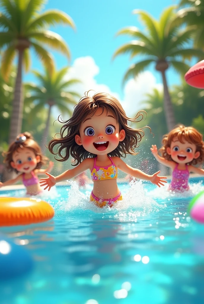 happy children playing in a swimming pool with a blue sky, no trees
