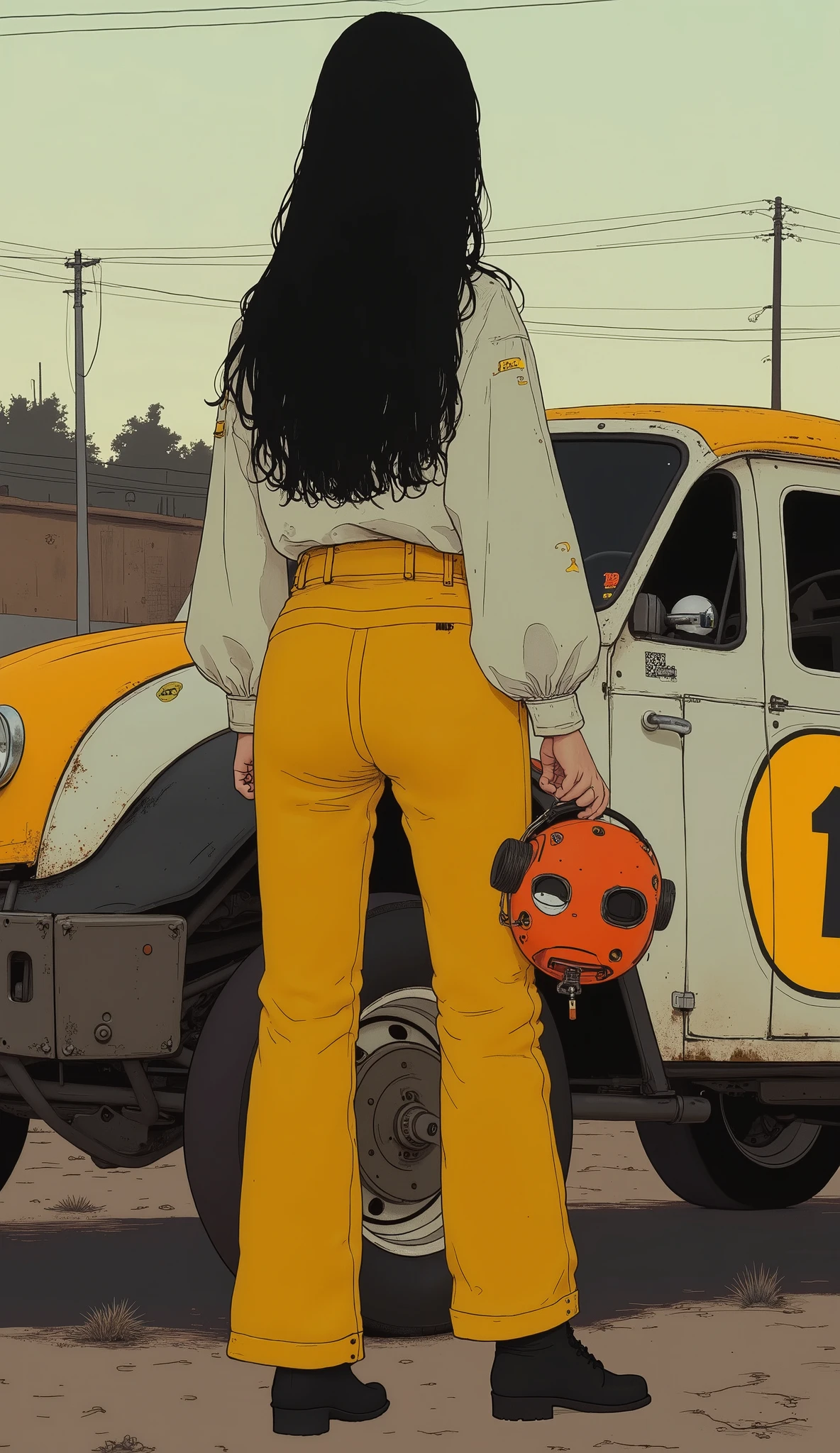 Yellow and white arafe car with numbers on the sides, Photo by Lee Loughridge , Tumbler, pop art, Buggy Wagen Beetle, Album photo, 1 / 1/6 scale, Race Car, red shell.  Dirt Track , profile picture, profile picture, trophy truck, Greg Hildebrand, Off-road,  car panorama , , Race Car、An image of a woman holding a helmet and standing in front of a bargie、 black hair、long hair、