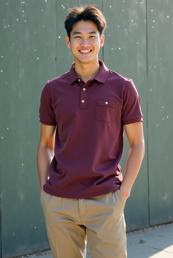 (best quality, 4K, 8k, high resolution, Masterpiece: 1.2), Special details, (realistically, As realistic as a photo, photo realistic: 1.37), Edge lighting, Extra detailed coloring, sharp focus, Physical rendering ,Extremely detailed description,professional,light color,Bokeh,Portrait,look at the viewer, Young Asian man, 20 years old ,(wearing a brown polo shirt), smile ,Wide yard