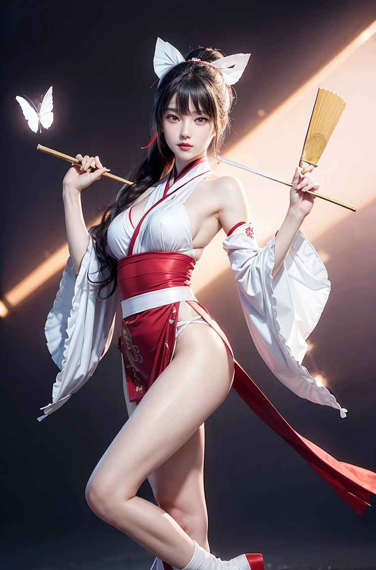 Ultra-realistic full-body Asian woman: long mint hair, bangs, pale skin. Red kimono, dynamic pose, mesh leg. Golden obi with hexagonal emblem. Ornate katana with tassels. Frontal, full body. Flat background. Soft, even lighting. Sharp lines, bold colors. Sensual, confident mood. High-resolution details on fabric, sword, and face. Blend traditional Japanese and realistic. 32K.