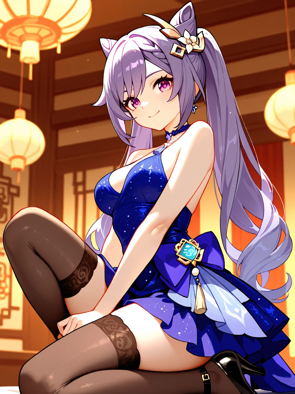 masterpiece, best quality, keqing, genshin, best art, detailed, high resolution, young girl, beautiful smile, wearing opulent splendor, watching stars behind the window, detailed, high resolution, full body, cute face, 8k, masterpiece, best quality, expressive eyes