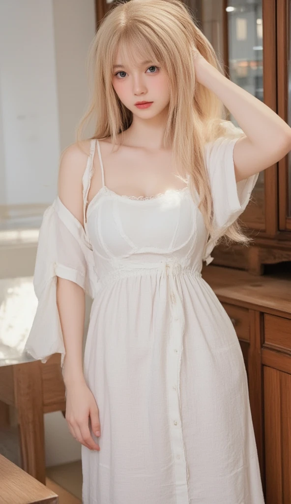 best quality ,masterpiece, illustration, an extremely delicate and beautiful, extremely detailed ,CG ,unity ,8k wallpaper,absurdres, huge filesize,very wide shot,soft lighting,contre_jour,in office, 1girl,solo,sexy,cute,light smile, long blonde hair,sidelocks,lipstick,long eye lashes,beactiful detailed eyes,middle breasts,white dress,Camisole dress,long legs,beautiful legs,high heels,standing,full body,photo by Fujifilm X-T3, 