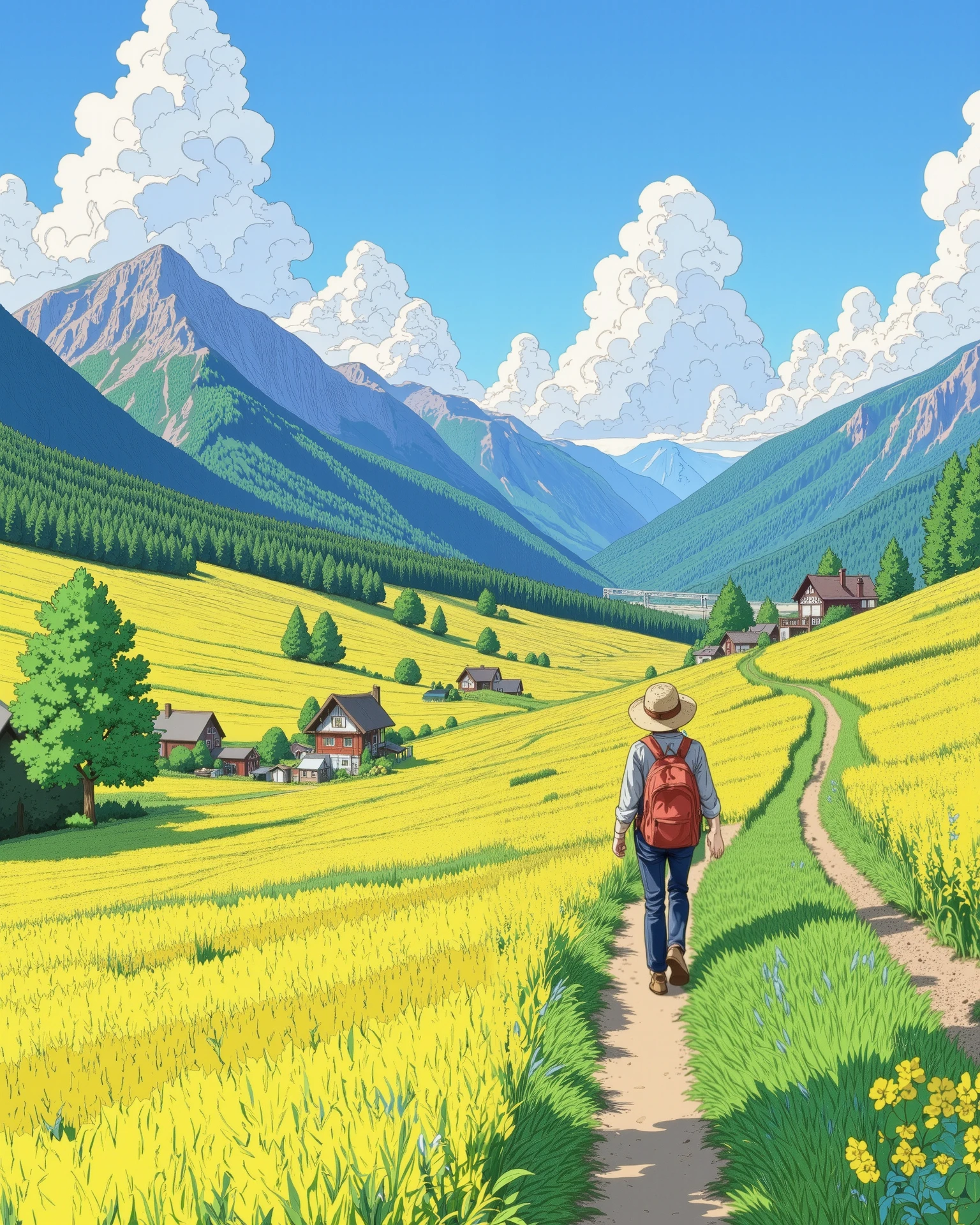"A stunning countryside landscape with lush green fields stretching into the distance, bathed in warm sunlight. A dirt path winds through the fields, leading towards small cozy houses with red and white rooftops, nestled among trees. In the foreground, a lone traveler wearing a straw hat, carrying a backpack, walks along the path, enjoying the serene scenery. Towering mountains in the background add depth to the scene, with a bright blue sky and fluffy white clouds above. The art style is vibrant and semi-realistic, inspired by Ghibli-style anime landscapes, with rich colors, soft shadows, and intricate detailing in the grass, trees, and mountains."