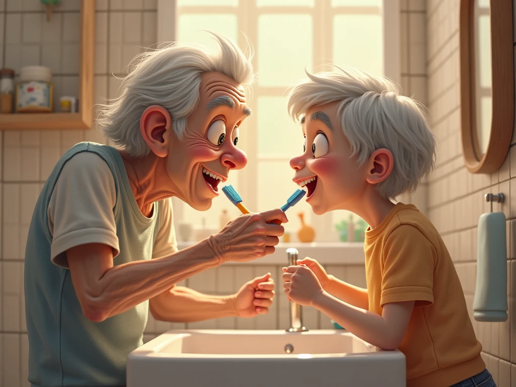 Make a smiling grandfather teaching his grandson how to brush his teeth