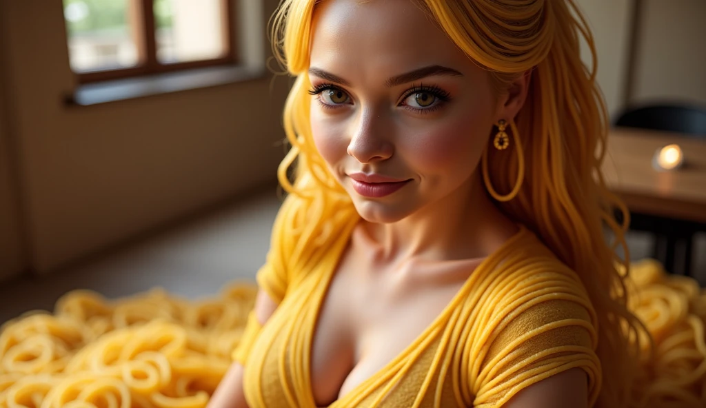 (((1girl))), ((((solo)))), ((messy hairstyle)), standing taking a picture, (((Reddish-yellow hair)), red eyes, soft blouse, natural breast, younge soft body, smile,