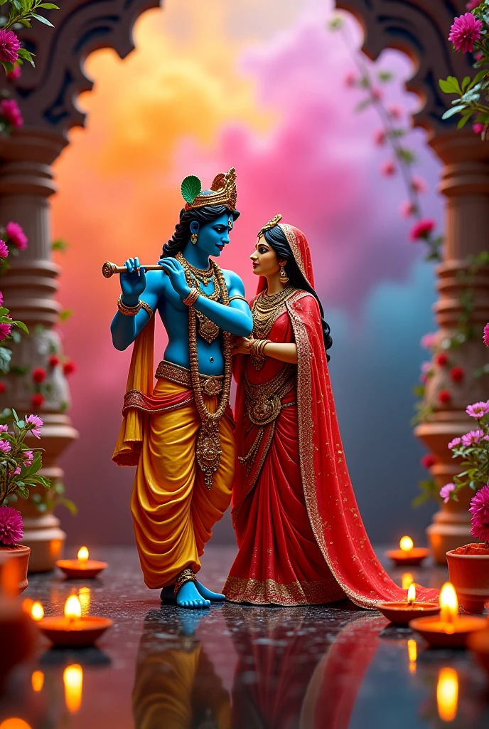 (photorealism:1.2), Krishna and Radha celebrate Lord Krishna's birthday Krishna cuts the cake with a knife Radha laughs and claps and wishes Krishna Happy Birthday