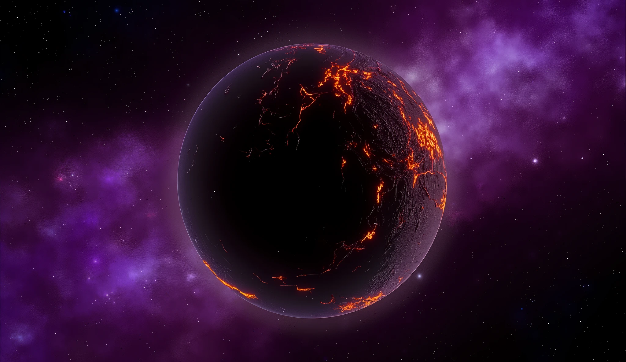 A dark, volcanic planet surrounded by a vivid purple and black cosmic backdrop, with fiery cracks and glowing lava streams illuminating its surface. The scene conveys a sense of chaos and beauty, with swirling nebulae and stars scattered throughout the vastness of space, creating a dramatic and otherworldly atmosphere.