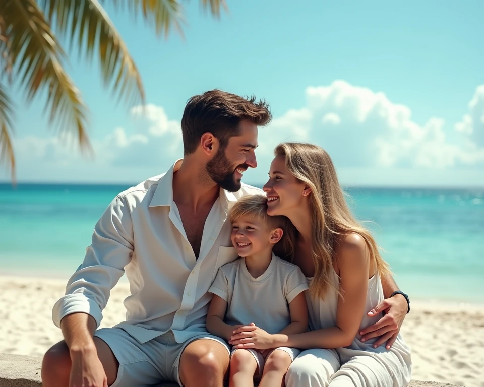 A 30-year-old brown-skinned man, playing with your family on the beach, away from his laptop, dressed in shorts and a tank top, sitting on the sand with his son and wife. High resolution photography, lente angular