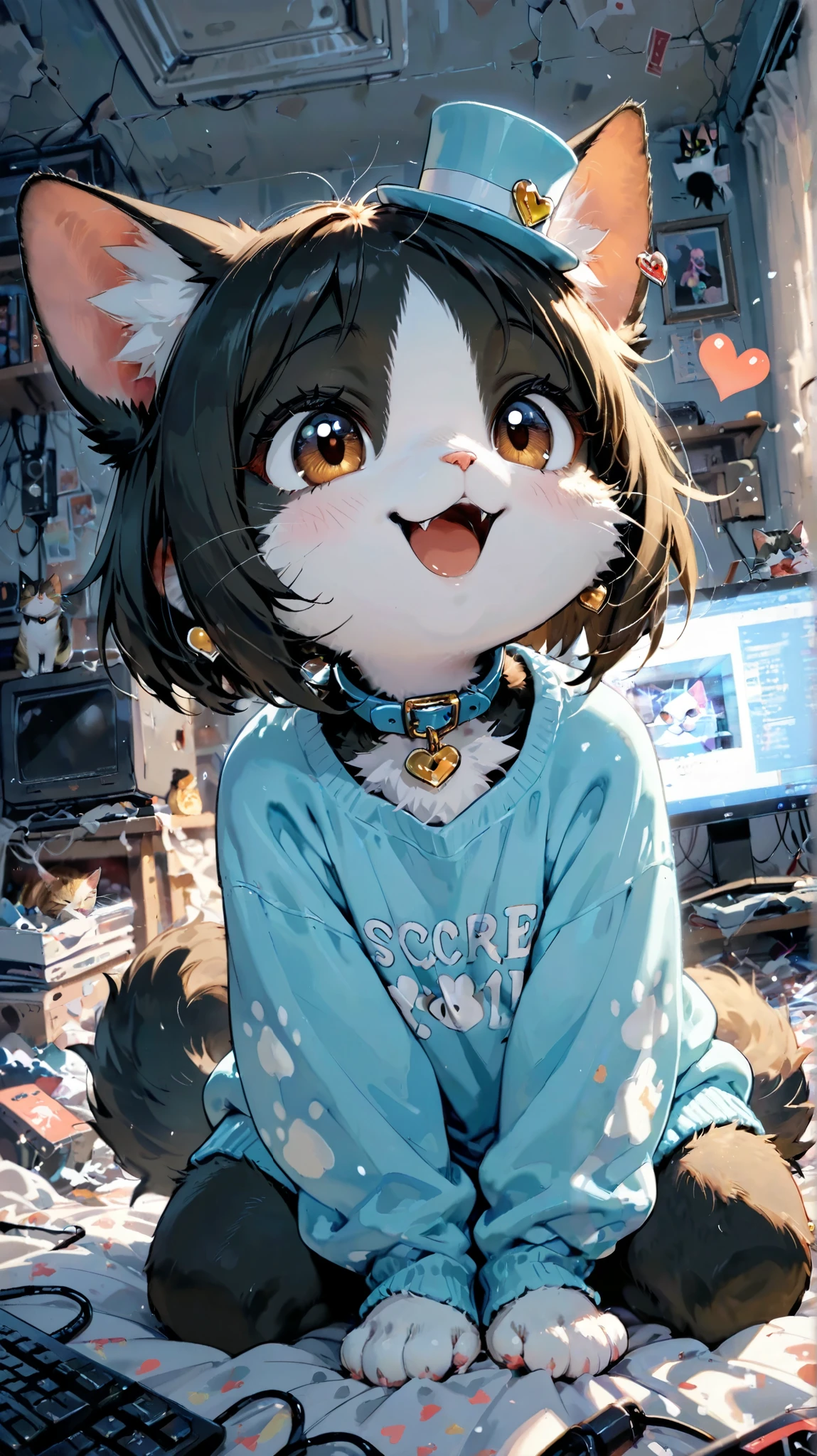 score_9, score_8_up, score_7_up, ultra high definition, masterpiece, great quality, very beautiful, fat, super detailed, One Cat\Alone\(Cat with brown eyes , collar , , Mini Hat\dot heart earrings\Black fur \light blue jersey,), smile), messy room, break, (Cute animal cat\animal, Fluffy Fur), break, break, break, gaming computer :1.2, dynamic angle:1.5, panorama:1.2, like the movie:1.3