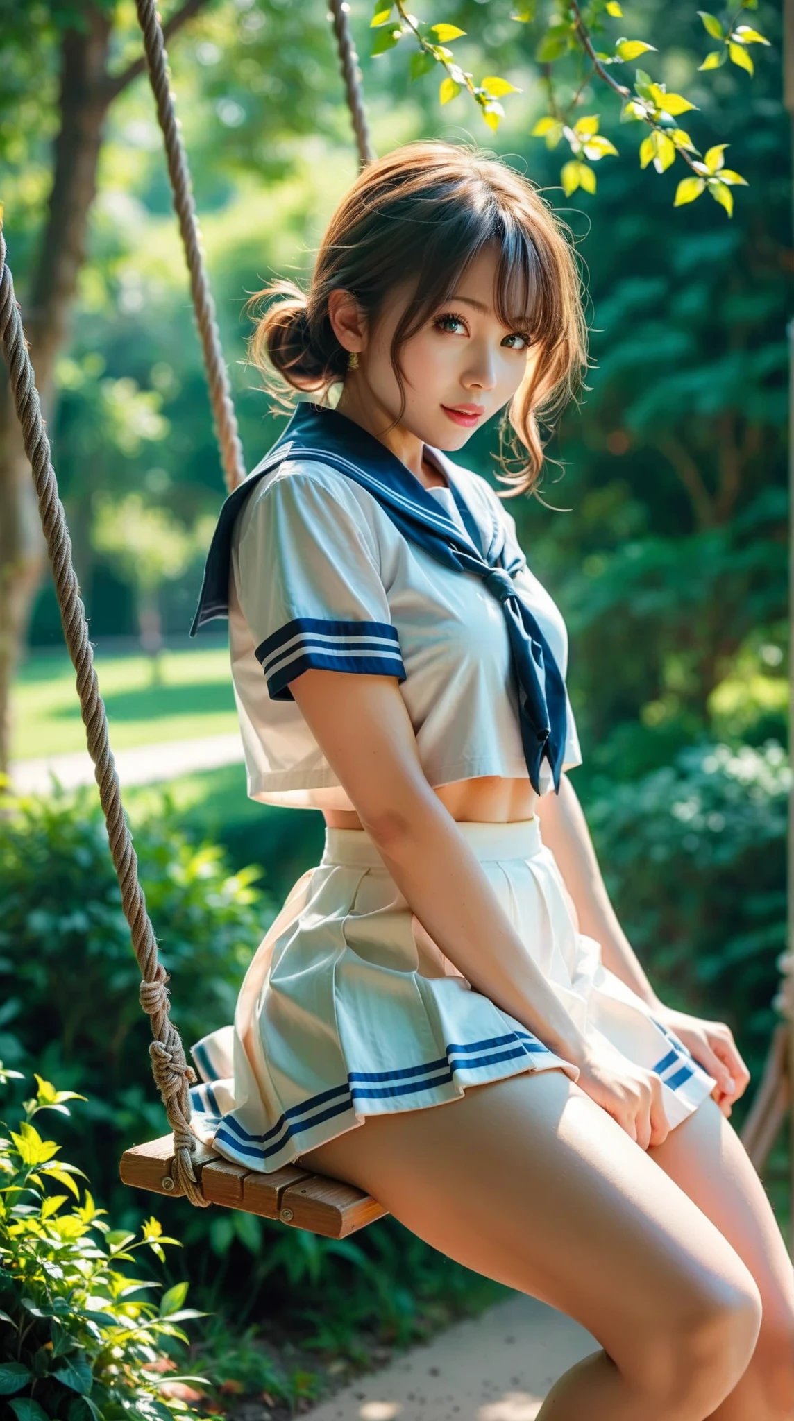 (Raw photo:1.2), (Photorealistic), Beautiful detailed girl, Very detailed eyes and face, Beautiful detailed eyes, Huge file size, High resolution, Very detailed, Best Quality, [masutepiece:1.6], Illustration, Very detailed, Fine detail, Best Quality, 8K Wallpaper, Movie Lighting,15 year old schoolgirl, School uniform, Back view, wind lift, Strawberry print panties, plein air, School, Summer, strong breeze