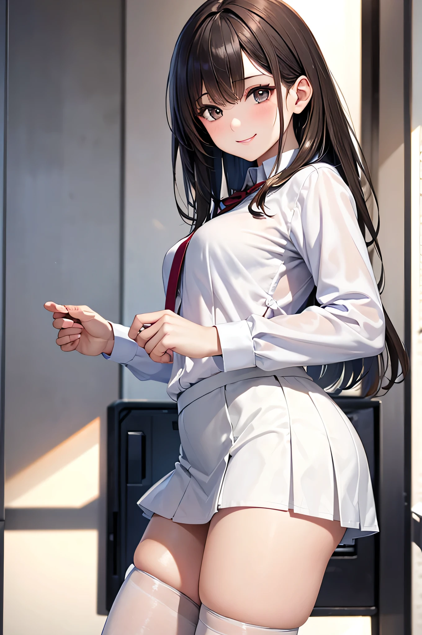 very cute and beautiful girl,(Very detailed美しい顔), (smile),blush,Black Hair,Seraphim,((White Shirt、Pleated mini skirt、The gesture of taking off clothes)),Are standing,(From below),(Lacy white panties), ((locker room、Steel Locker)), (Highest quality,masterpiece:1.0),Absurd,High resolution,Super detailed,Very detailed,32k,8K resolution, Intricate details,Movie Scenes,Detailed Background,alone,Dynamic Angle,