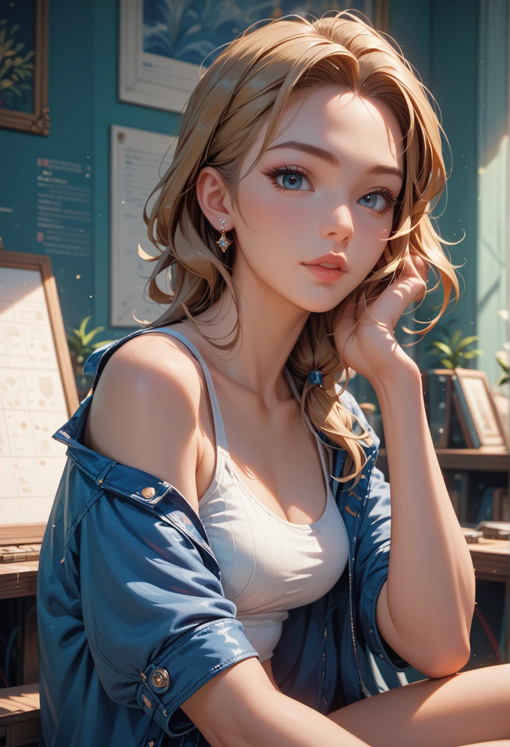 Best quality, masterpiece, ultra high resolution, (photorealistic: 1.4), sexy photo, 1girl light curly blonde hair, sexy mouth, eye-catching big breasts by neckline, open outfit with neckline, miniskirt round in the wind, off shoulder, cinematic lighting,(Best quality, 8k, 32k, masterpiece, UHD: 1.2), photo of beautiful american woman in glasses and earrings, long matted blonde hair, beauty face, (leaning forward: 1.3), squat, (from top: 1.2), (close up: 1.4), POV, loose t-shirt, large breasts, (beautiful nipple slide: 0.9), outdoors, windy, in the middle of the forest, shiny skin, blurred background,
