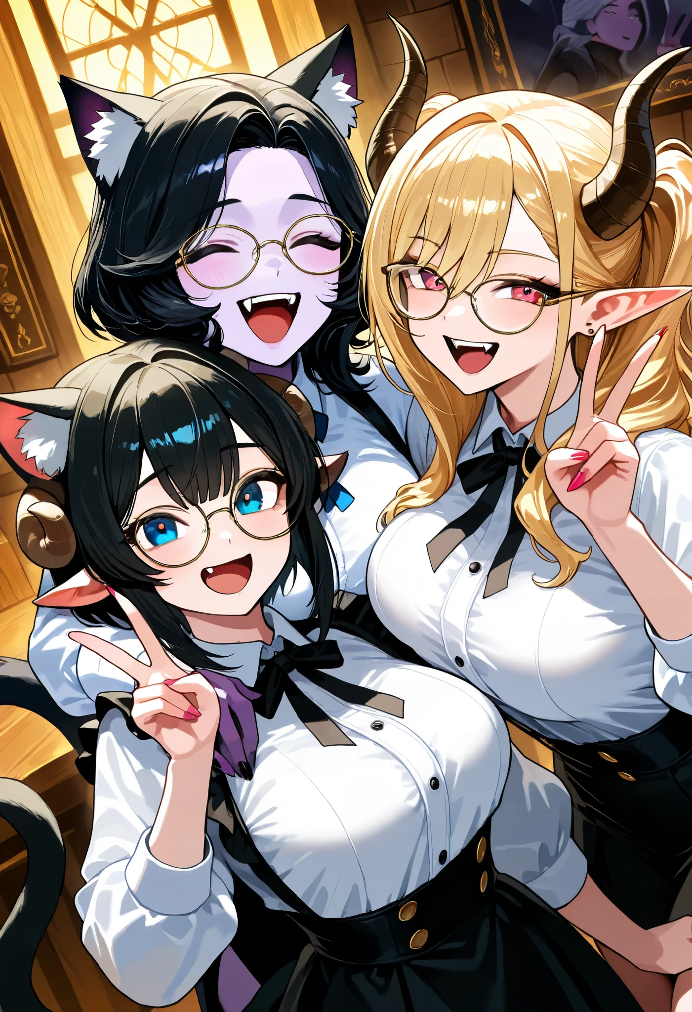 gyaru,cool beauty,3 women,black hair,medium breast, v,upper body, laughing, Four beautiful women,（A woman, Cat's eyes, Cat ears and tail, Fangs, ） （A goat horn girl，White short hair，cute，curls，Goat ears）（A purple skin girl、An elf with two horns, Dress elegantly，Smiling，Cheerful posture，Black skirt）（A dragon horn girl，Mature，Big breasts，Wearing gold-rimmed glasses）, Sexy，The background is a tavern
