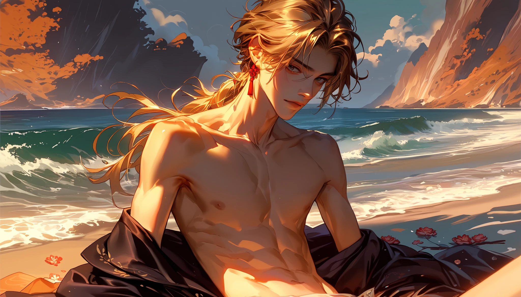 a skinny chinese boy, 20 years old, is at the stones beach sitting down watching the waves against the high cliffs on the sea, he has long blond hair, slim boy, skinny abs, naked, wearing underwear andì showing his stunning body, sweet facial expressions, warm light details of the sea landscape. romantic view of bay surrounded by the mountains and flowers with dark clouds on the stormy sky.