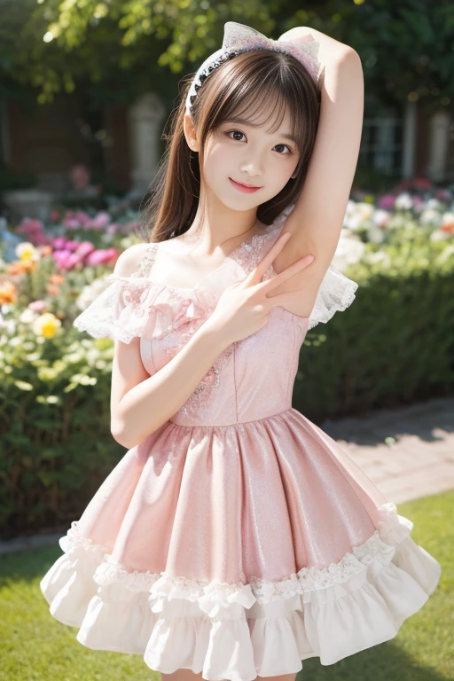 (Best-quality, Masterpiece, Ultra-High-Resolution, (Photorealistic:1.4), Raw Photo, depth of field, professional lighting, perfect anatomy, extremely details), 1girl, 15-years-old, the most famous Japanese idol, (((running at flower-garden, upturned ass))), (dynamic pose, dynamic angle), ((wearing cute-frilly long-dress with cute-lacy)), (extremely cute and extremely childish face like the most popular Japanese idol,((extremely cute and extremely big eyes)), extremely beautiful hair, ((extremely beautiful skins)), extremely cute long-eyelashes, extremely cute lips), (looking back, innocent smile)