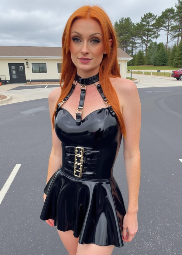 1 girl in, edad19, Alone, aesthetic work, irish redhead, ginger wavy hair, shoulder length red hair, grey eyes, light gray eyes, some small freckles, pale skin, A-cup, small breasts, running corps, detailed skin texture, in the garden, on knees, looking at the viewer, (Extremely detailed 8K wallpaper), harsh lighting, high quality, film grain, Fujifilm XT3 Sharp Focus, F 2.6, 135mm, high detail, sharp focus, (ambient light), choker, shackles, (rubber latex sun dress:1.25), rubber latex gloves, crazy details, complex details, hyper detailed