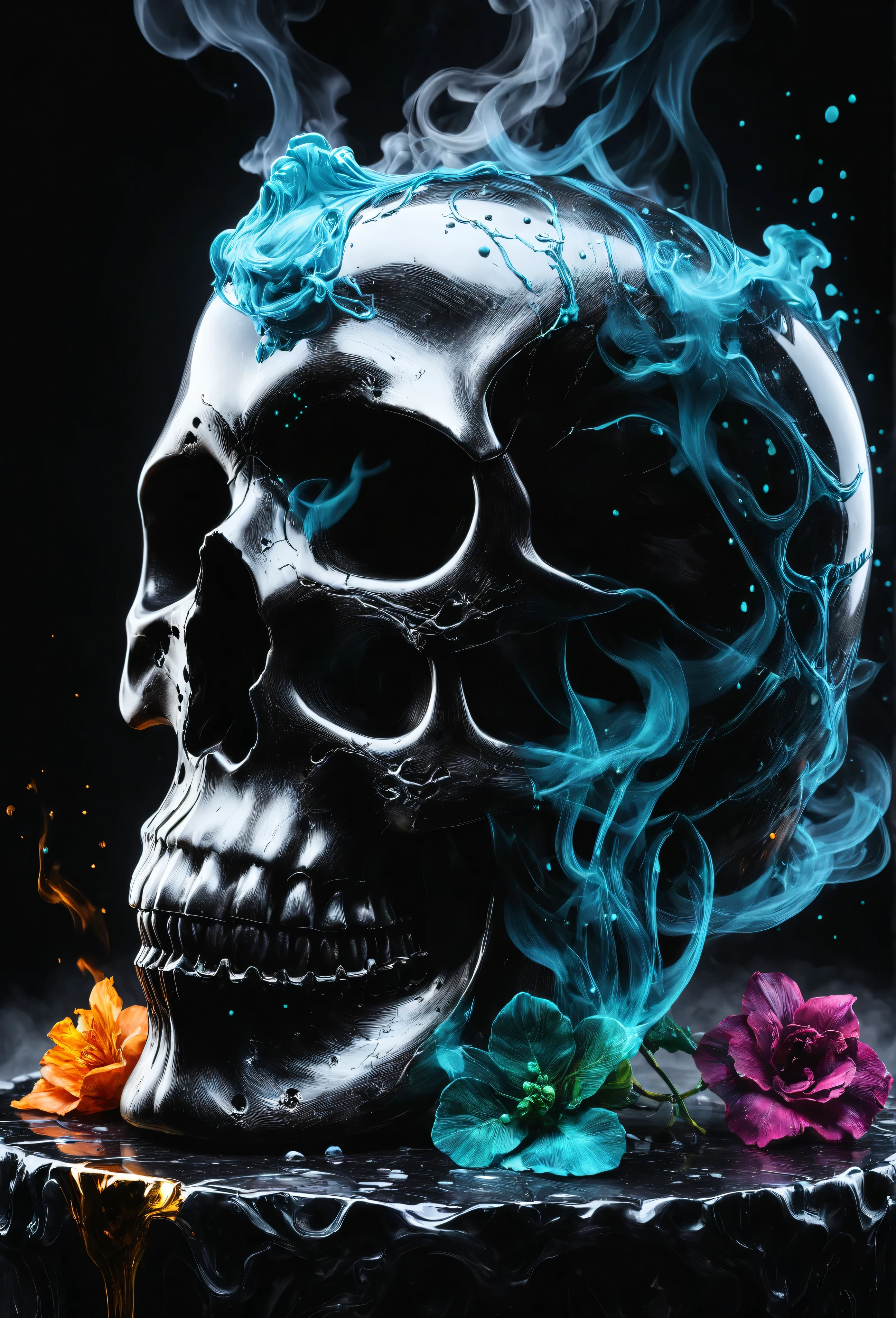 a skull, Epic Splatter Art, Alcohol Ink, Smoky Ghost Image, Super Realism, Super Detail 8K, Divine Proportion, Intricate, Cinematic, Stunning, High Detail, 8k, Atmospheric, Super Detail, Fantastic Realism, Sharp Focus, Mysterious, Filigree, Luminescent, Perfect Composition, Complex background,