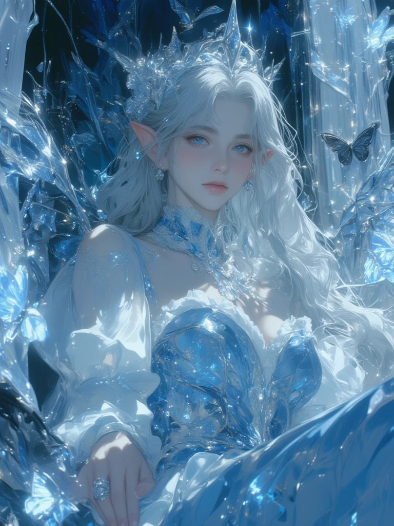 (Above the knees photo:1.5)wood, intricate mini ice spikes and crystals, A frozen waterfall in the background, Light reflected by ice crystals, Flowing snowflakes.1girl, pretty girl,A realistic person,Beautiful cleavage,((Small breasts)), Long dress、clear, Satin dress