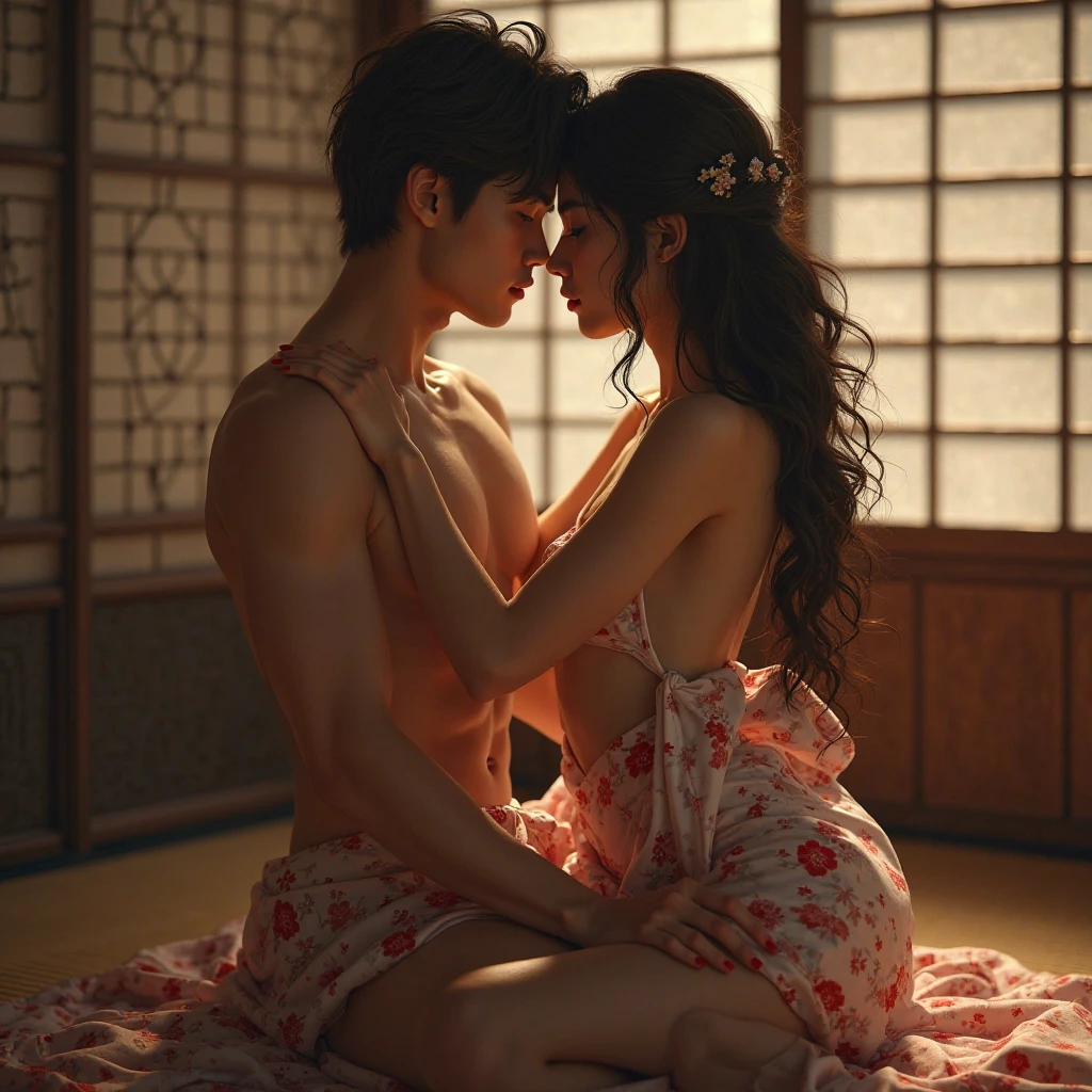 A beautiful Japanese bared woman kneel down on the floor to a Japanese man who is wearing shirts and pants.