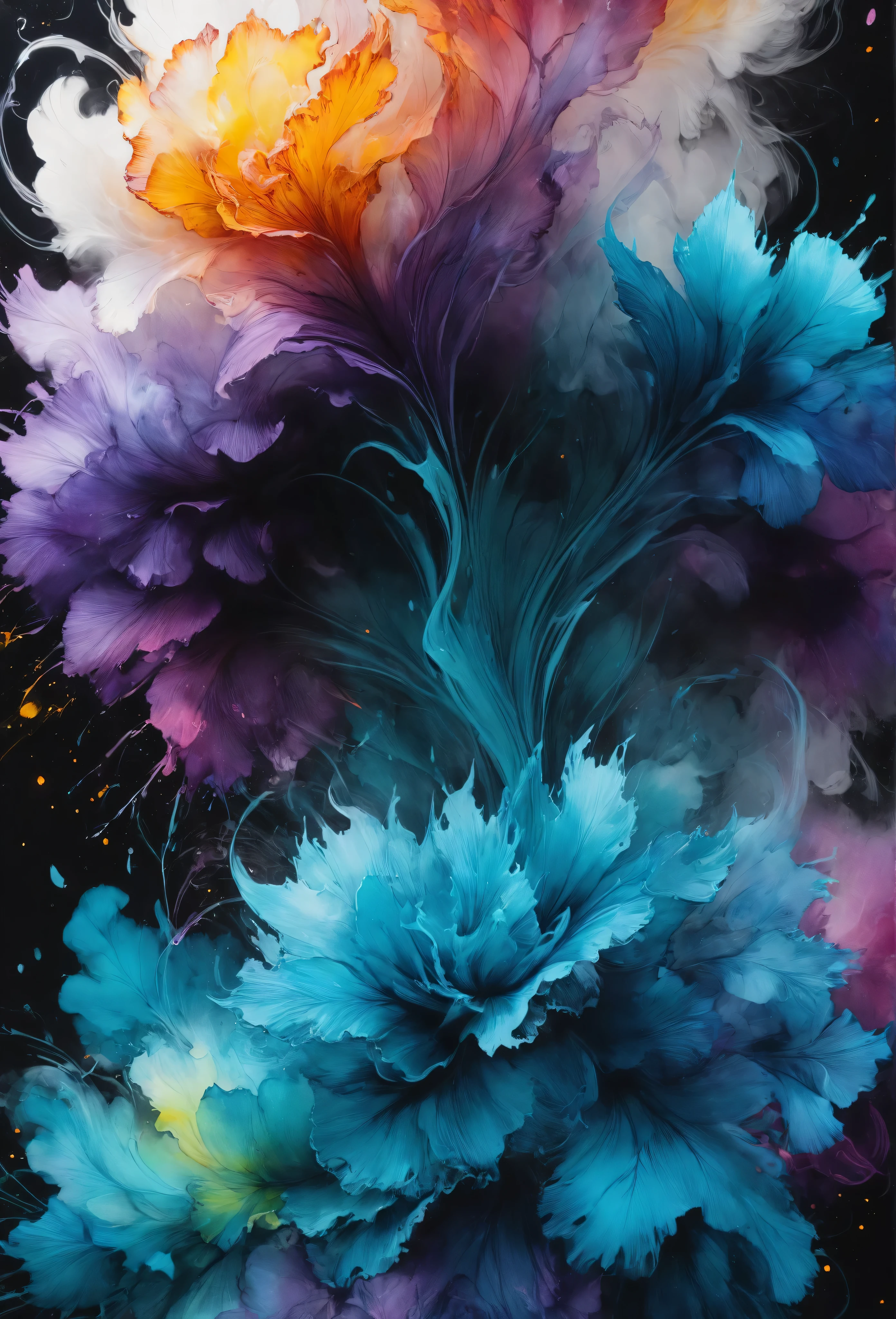 Epic Splatter Art, Alcohol Ink, Smoky Ghost Image, Super Realism, Super Detail 8K, Divine Proportion, Intricate, Cinematic, Stunning, High Detail, 8k, Atmospheric, Super Detail, Fantastic Realism, Sharp Focus, Mysterious, Filigree, Luminescent, Perfect Composition, Complex background,