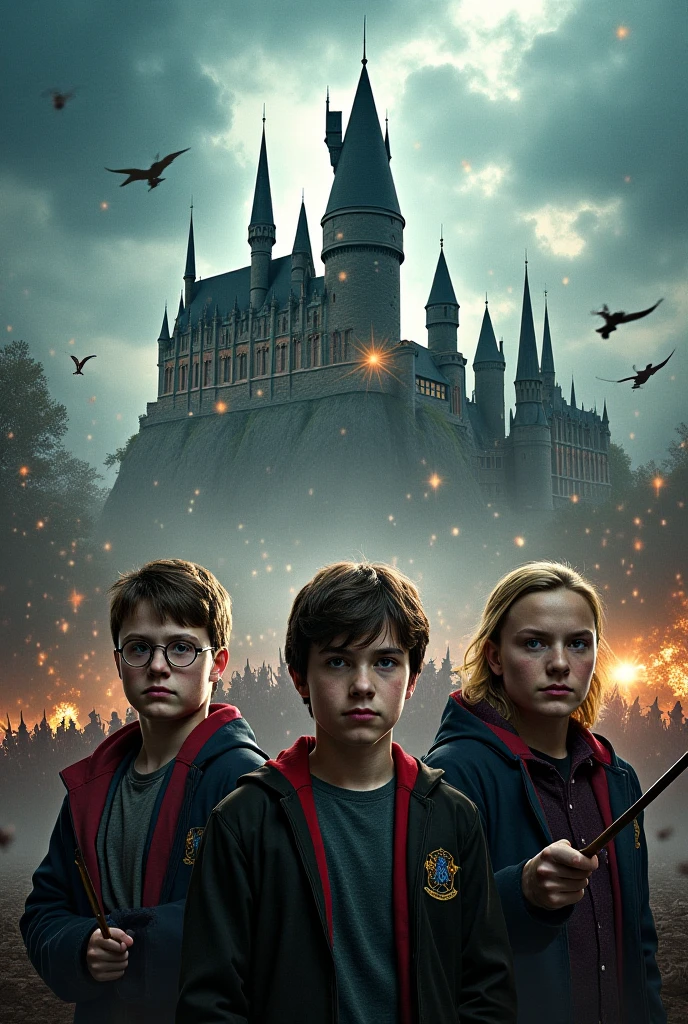 Create a sticker with white borders of a scene from the movie Harry Potter where 2 characters, young boy and older girl, both in Gryffindor uniforms, in the background the Hogwarts castle in high resolution with blurred background, movie image and hyper-realism.