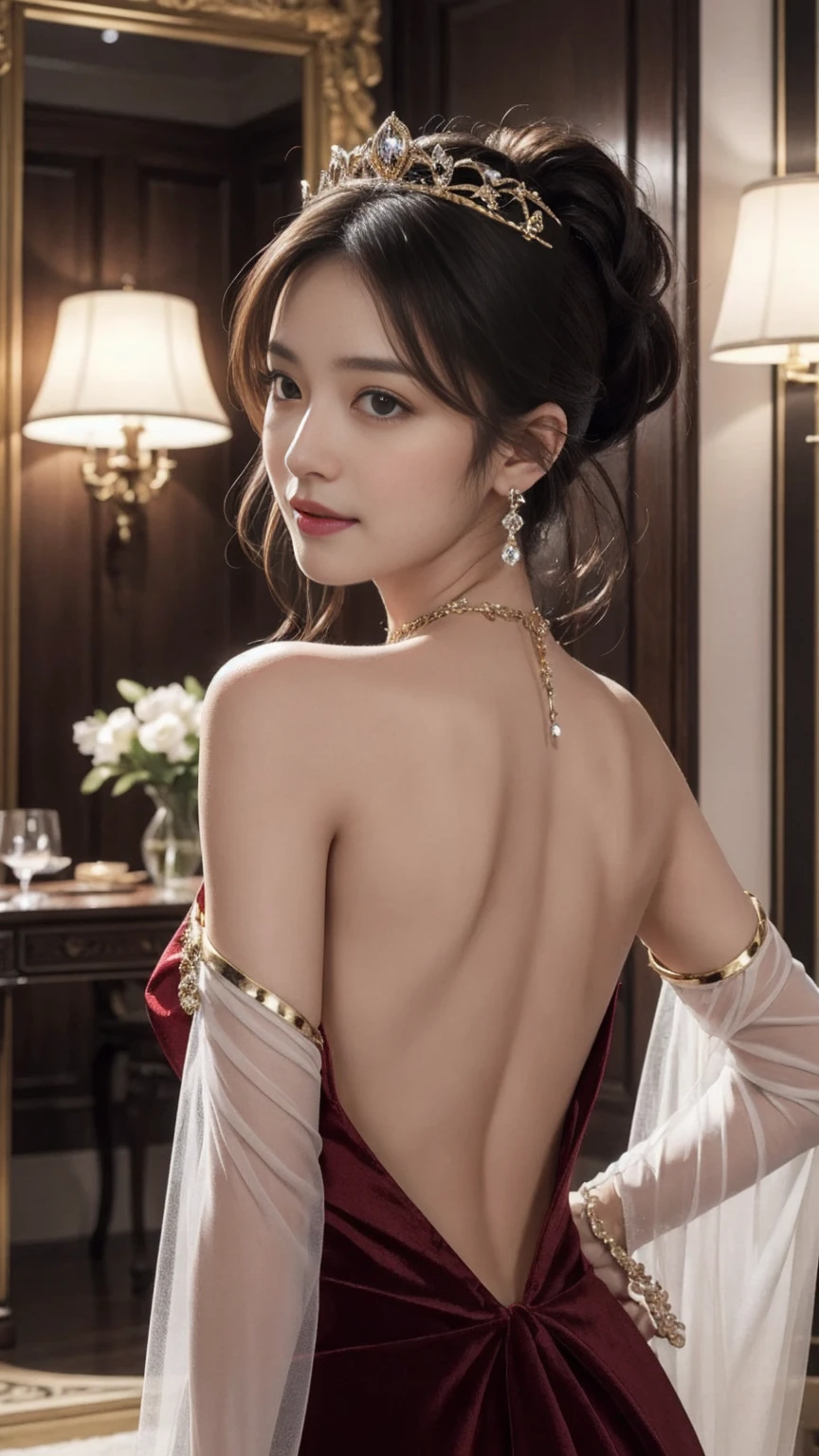 (((best quality))),(((ultra detailed))),(((masterpiece))),illustration,((1girl,Arabian dancer,solo)),(red hijab:1.3),((slim,thin)),((bare back,towering hips,butt crack)),((earrings,necklace)),((pearls,jewels,gemstones)),(night scene:1.3),(standing:1.3),(in luxurious palace:1.3),(indoor:1.3),(gorgeous embroidered red sheer abaya:1.3), intricate patterns,((Arabian theme,Middle Eastern culture)),(shoulder length straight hair:1.2),(sheer veil on face:1.3),mystery, ornate furnishings, decorations, enchantment, magic, Persian magic carpet,night sky, floating,Aladdin's lamp, flame, fulfillment of desires,candlelight,romance,One Thousand and One Nights, coherent narrative, dreamlike atmosphere, deep emotions, graceful movements, passion, face beneath the veil, beloved's dream, timeless beauty, enchantment,magical world, wondrous journey,((from back,upper body))