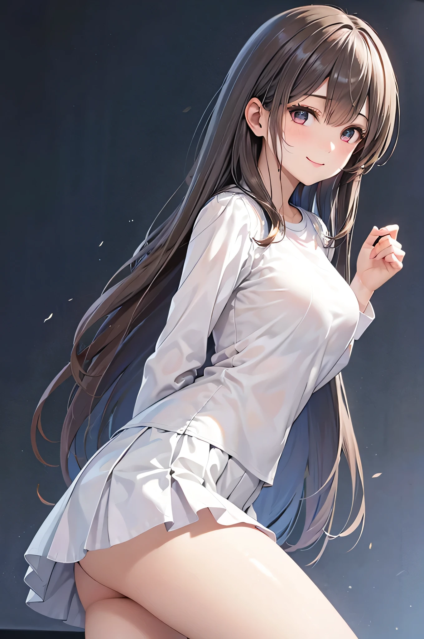 Female, , Light brown long straight hair, She is small、dark brown eyes, Silver necklace, Slightly bigger eyes, There, on her right hand list, is a wristwatch., Detailed female genitalia、Thin pubic hair、standing with spread legs