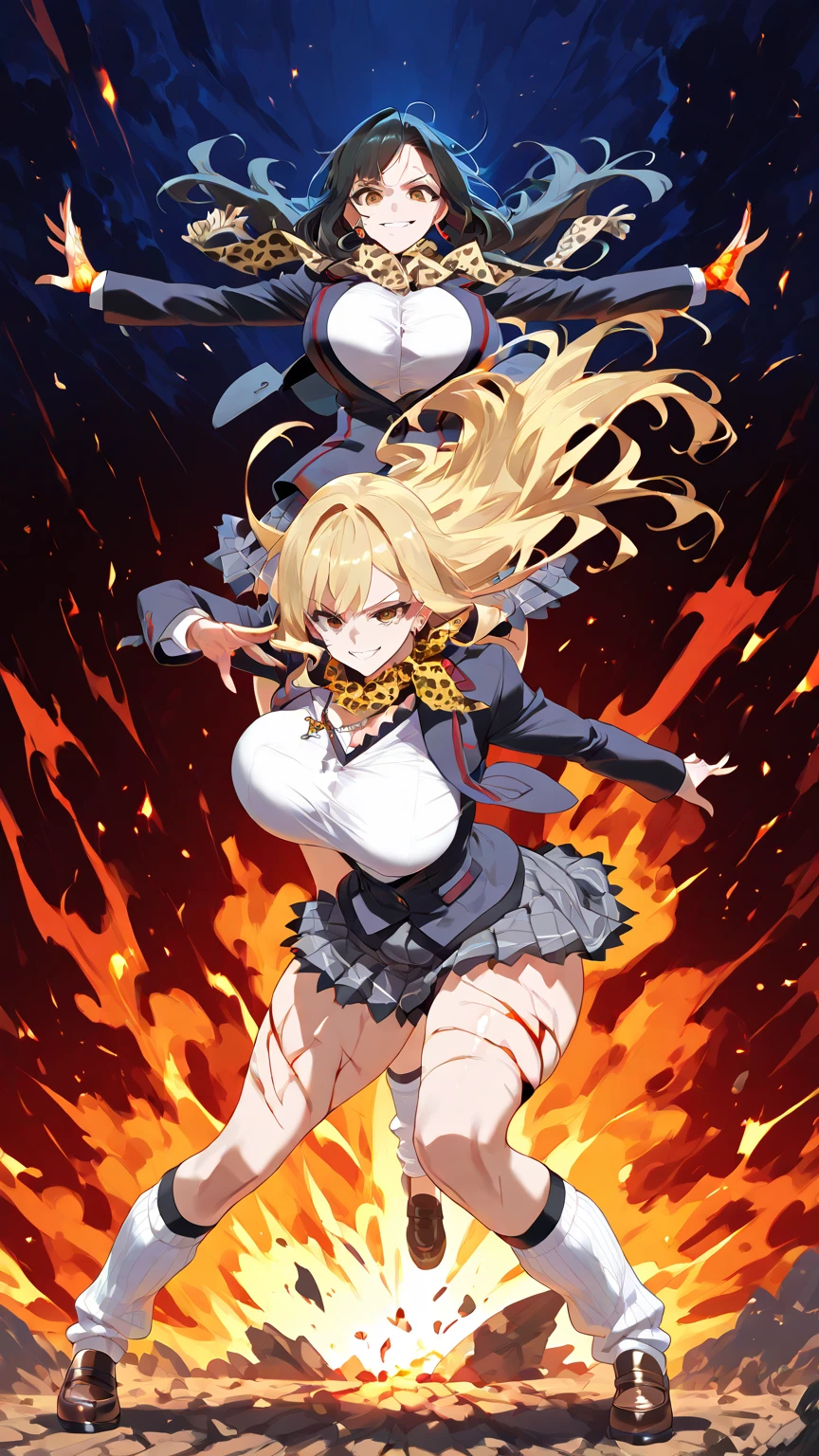 Tall woman Blonde hair, blue eyes, huge breasts, wearing dark clown makeup, dressed in black overcoat, holding two knives in her hands