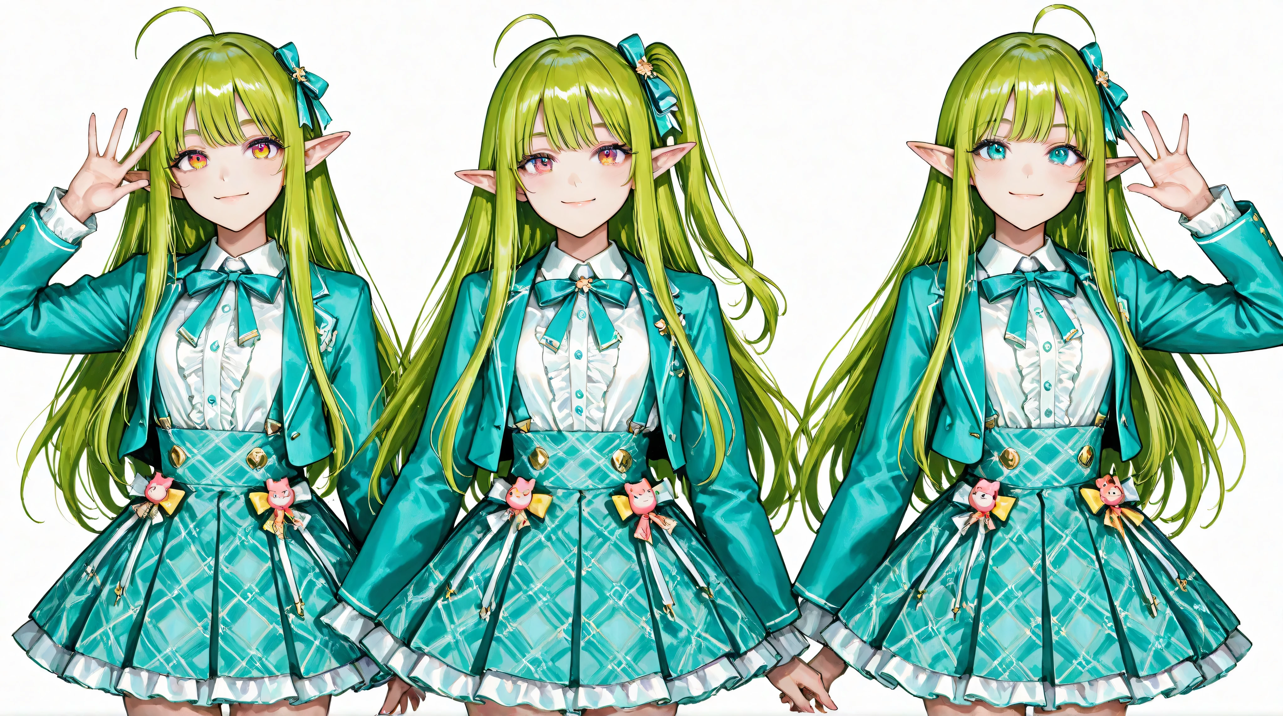 masterpiece,(best quality) magical girl, wepon, green, braided hair, medium sized breasts, unique design, stockings,green and black, magical girl, fullbody, sword,( ( character concept art ) )